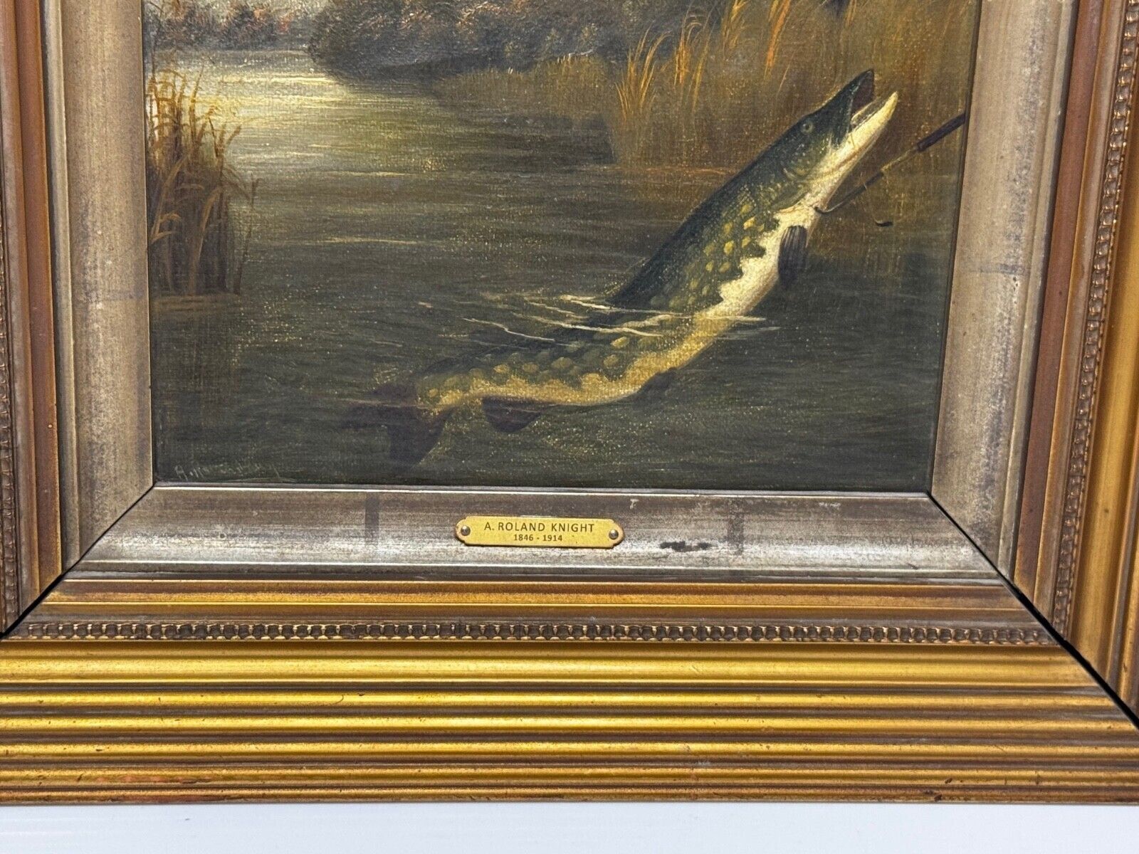 Angling Oil Painting Northern Pike Surfacing Caught By Arthur Roland Knight 1890 photo vintage
