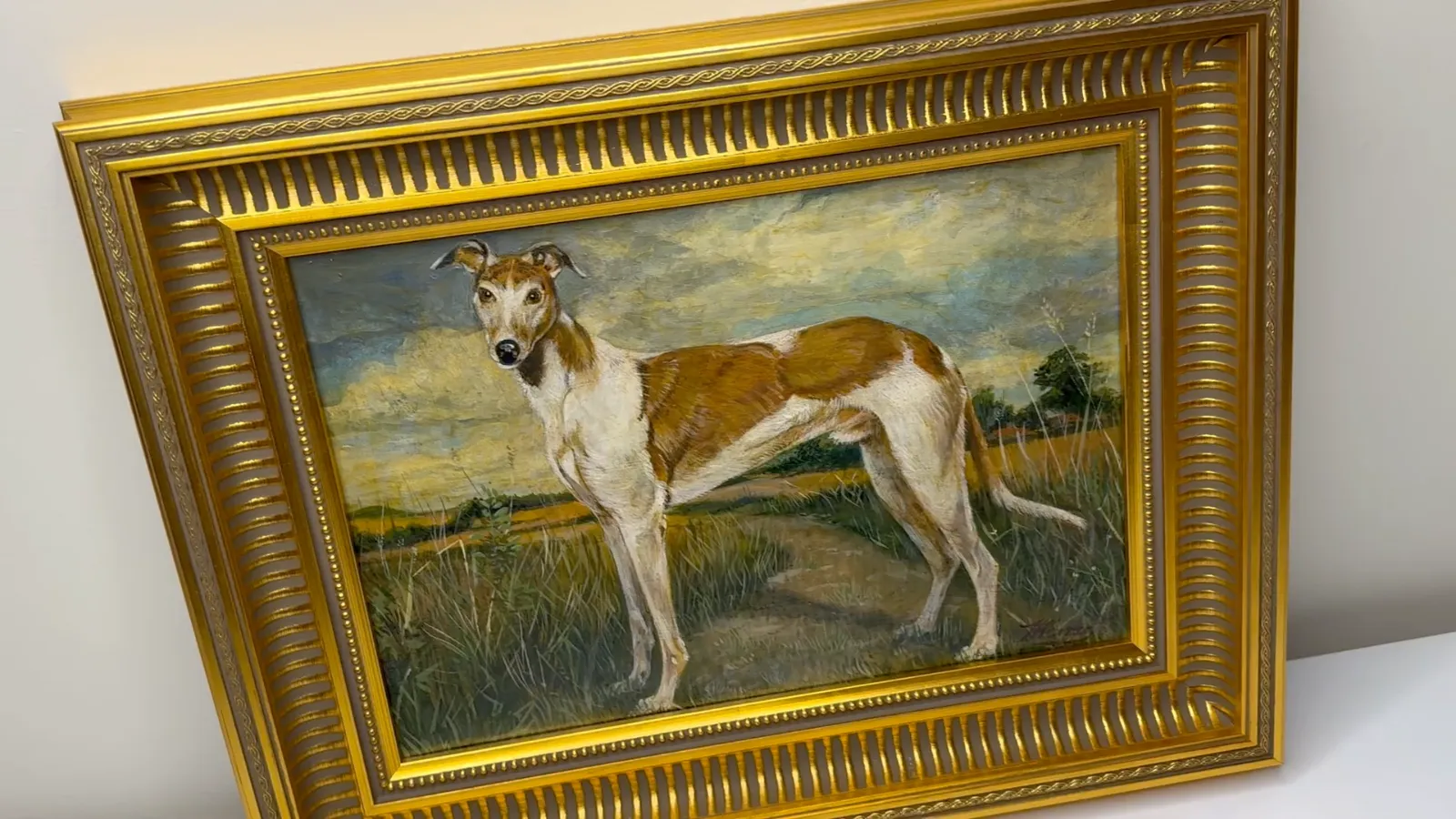 Antique Oil Painting Portrait Prized Lurcher Greyhound After Samuel John Carter photo furniture