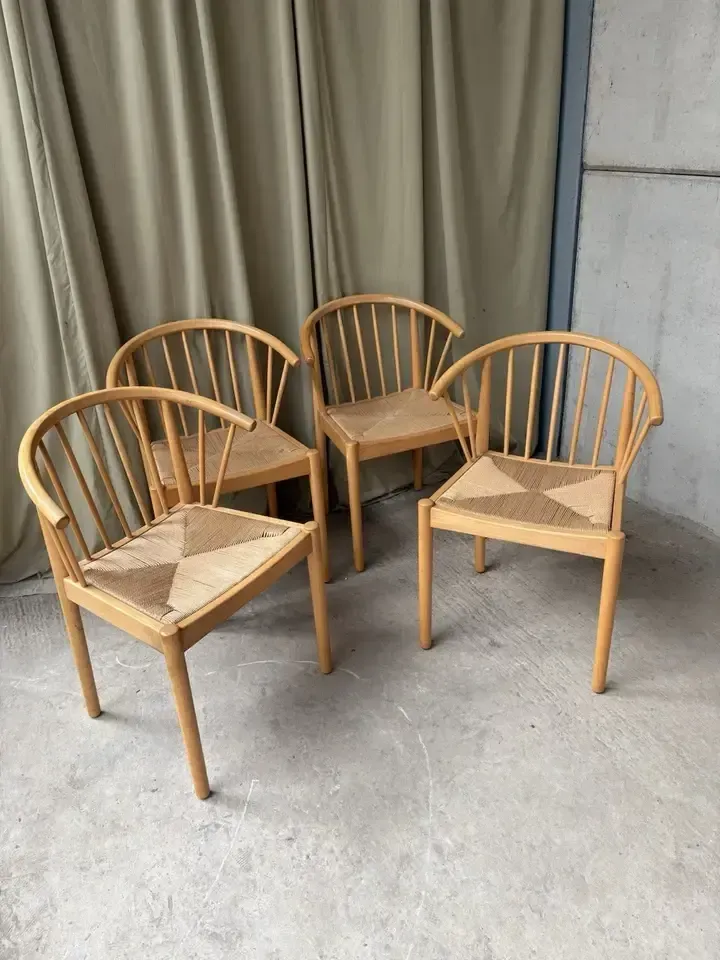 Vtg Late Mid Century Set 4 Danish Papercord Dining Chairs Wishbone Scandi photo for sale