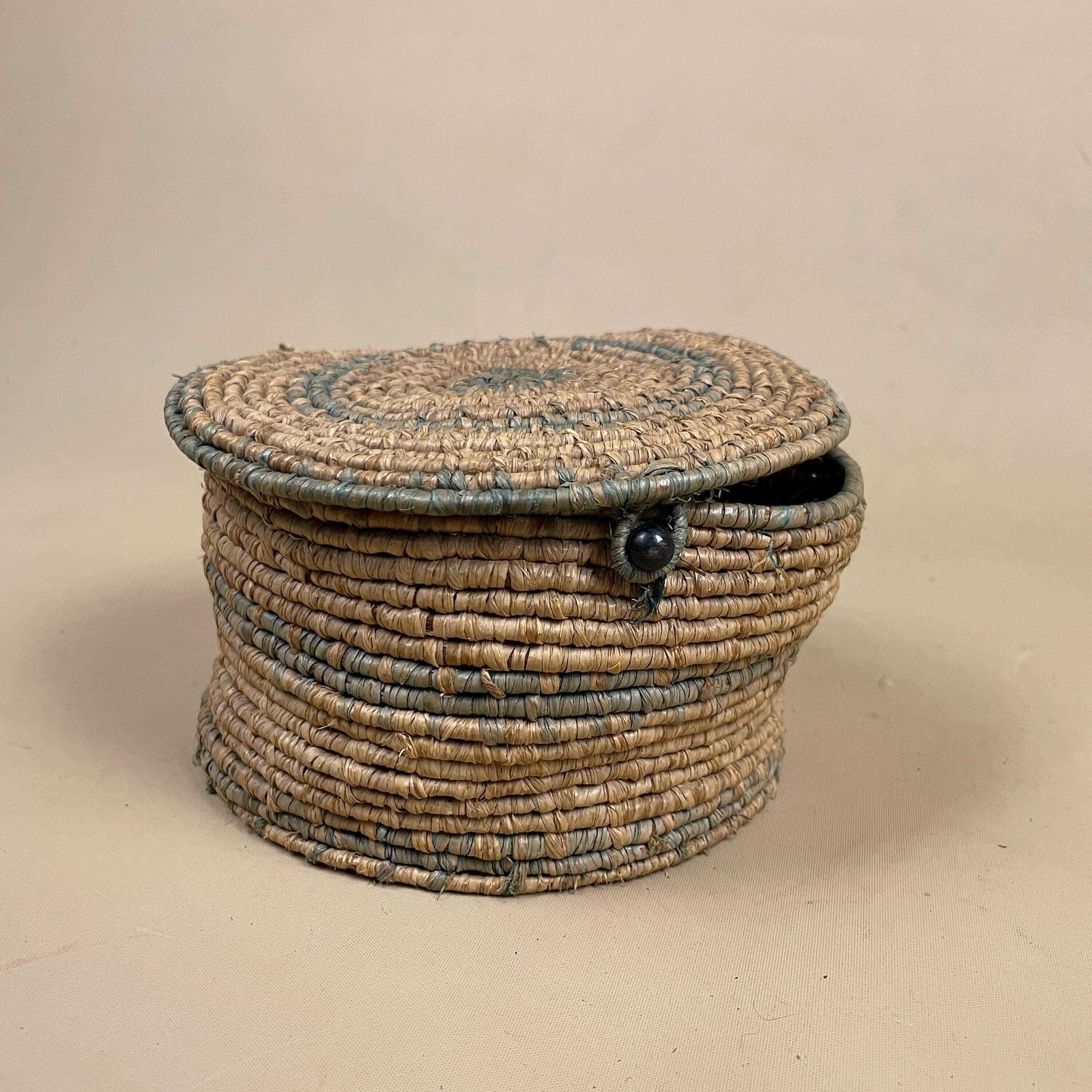 Lidded Woven Basket Blue Coiled Palm Leaf Natural Fibre Storage Boho Handmade Slouchy Vintage photo vinterior