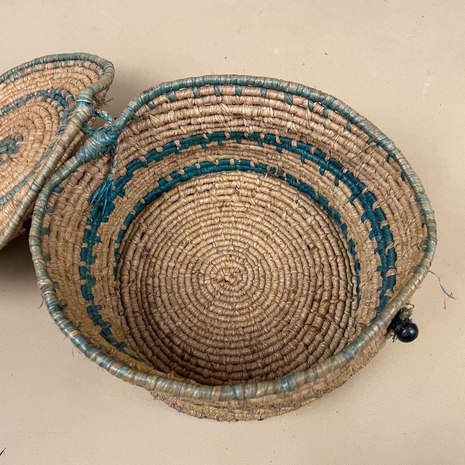 photo for sale Lidded Woven Basket Blue Coiled Palm Leaf Natural Fibre Storage Boho Handmade Slouchy Vintage