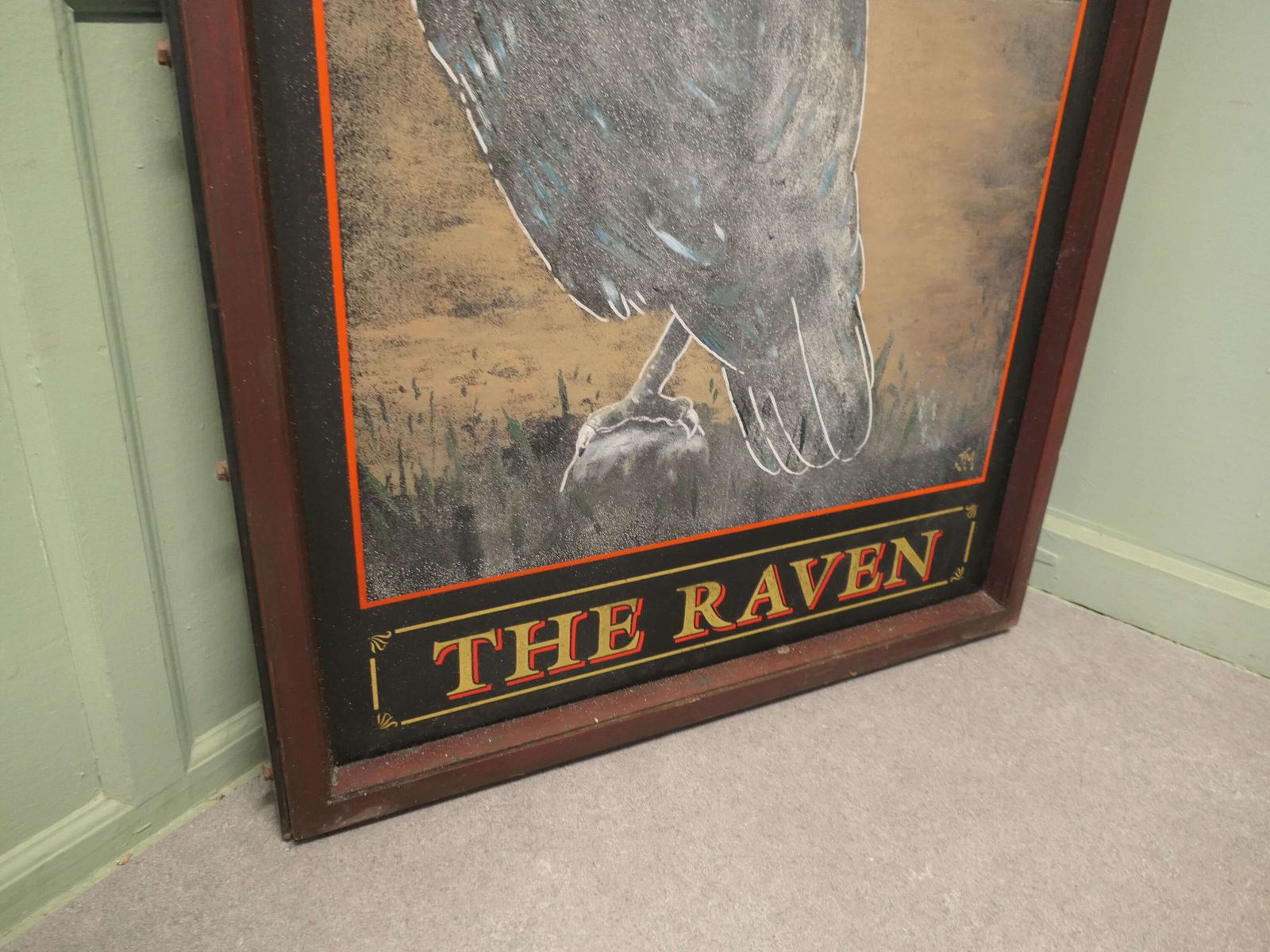 Wooden Iron Framed Hanging Pub Sign. The Raven, Signed This Is An Original Large And Heavy. photo 954.0