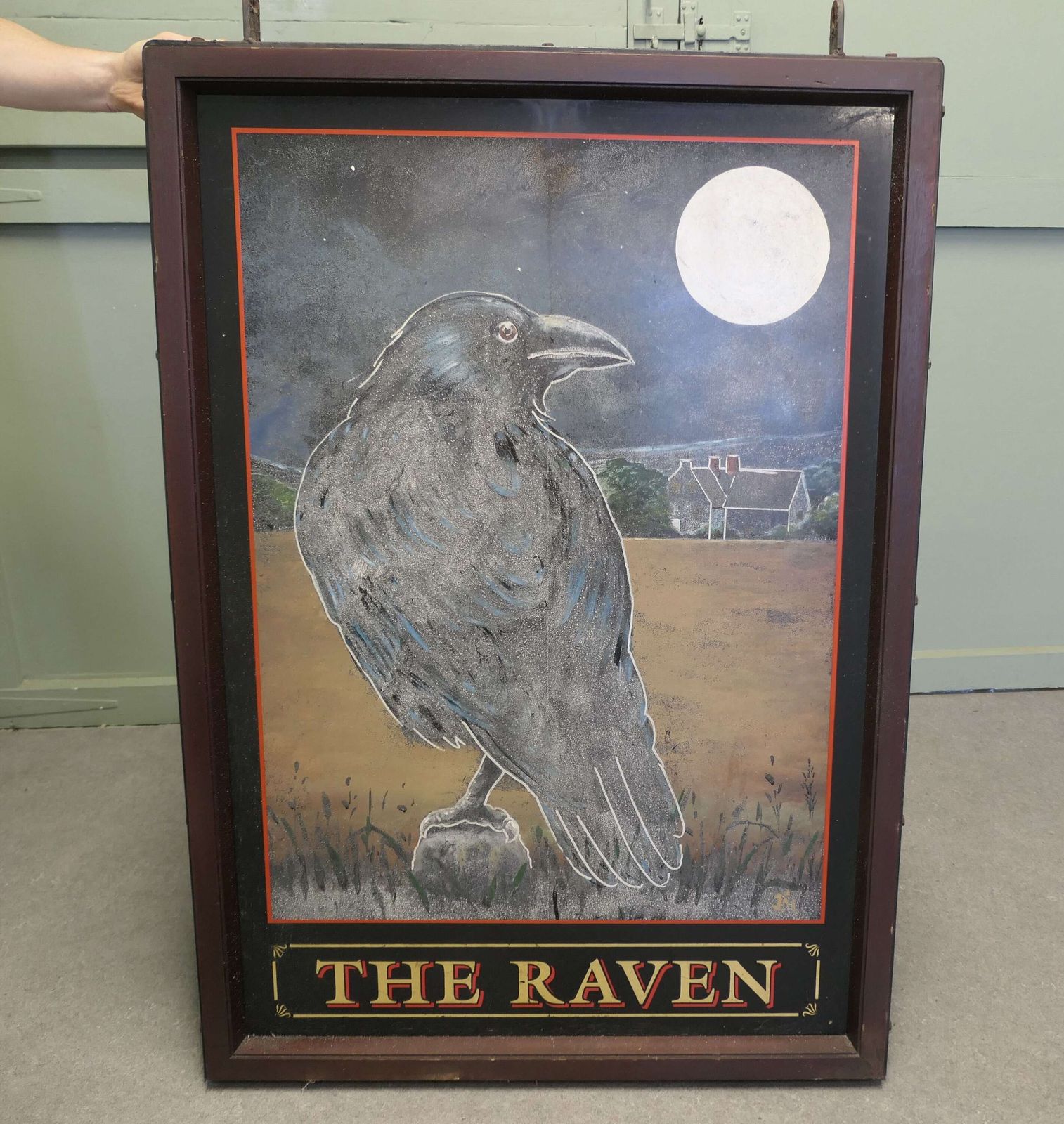 Wooden Iron Framed Hanging Pub Sign. The Raven, Signed This Is An Original Large And Heavy. photo vinterior