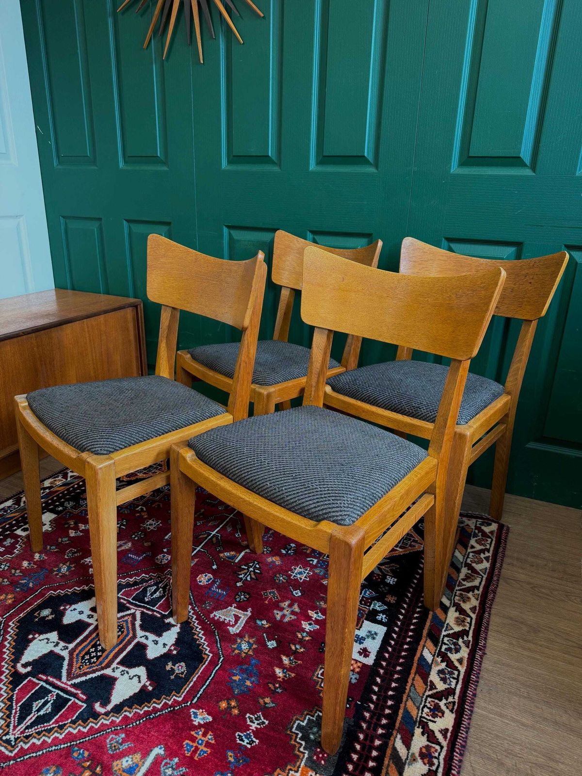 Mid Century Modern 1960s Oak G Plan E Gomme Brandon Extending Square To Rectangular Dining Table And Four Butterfly Chairs photo vinterior