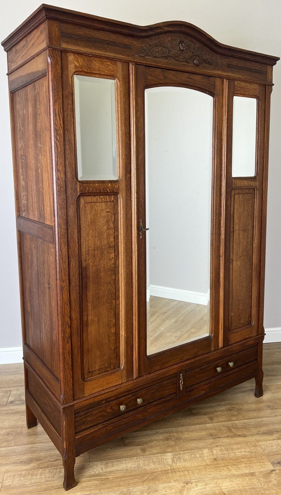Wardrobe Antique French Oak Two Door Mirrored Carved Armoire Cabinet Lot 6144