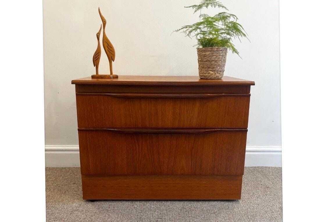 Mid Century Teak Tv Stand Storage Unit Drawers Pull Out Shelf