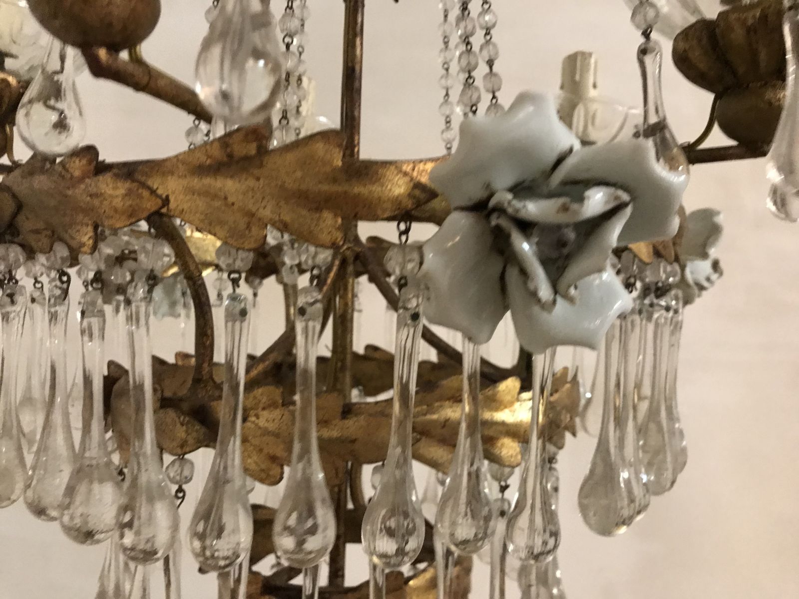 Antique Gold Gilded Murano Glass Pendant Chandelier With Porcelain Roses photo buy