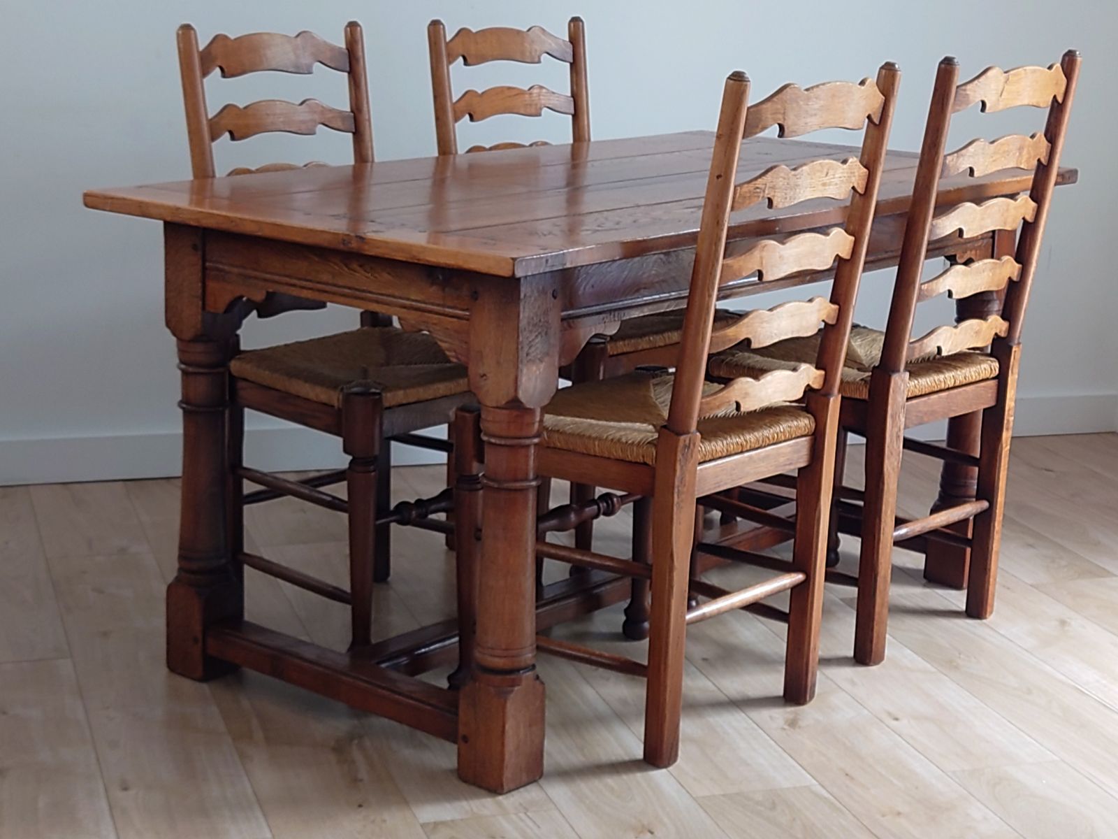 English Country Oak Dining Table And 4 Rush Seated Ladderback Chairs photo furniture