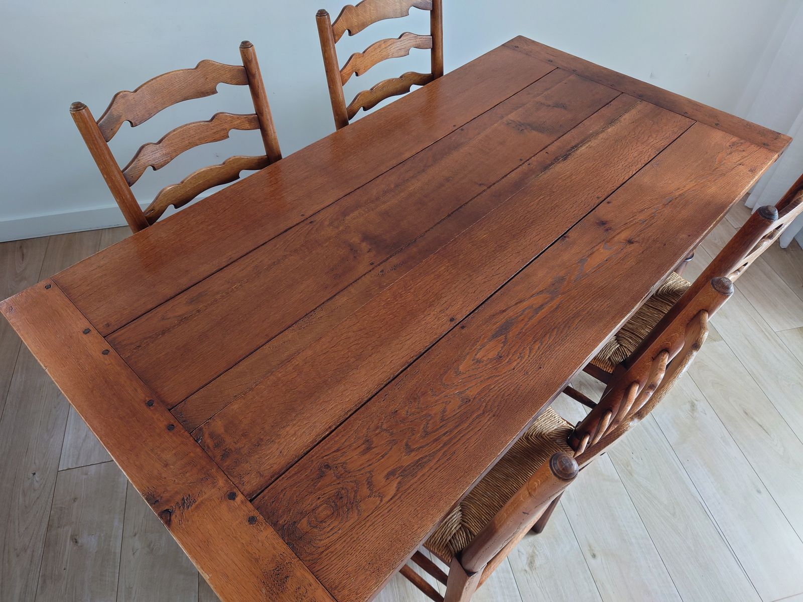 English Country Oak Dining Table And 4 Rush Seated Ladderback Chairs photo Furniture