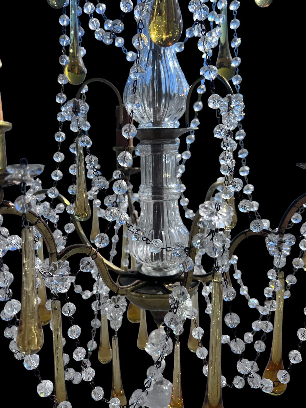 A Three Light Italian Antique Chandelier With Coloured Crystals photo furniture