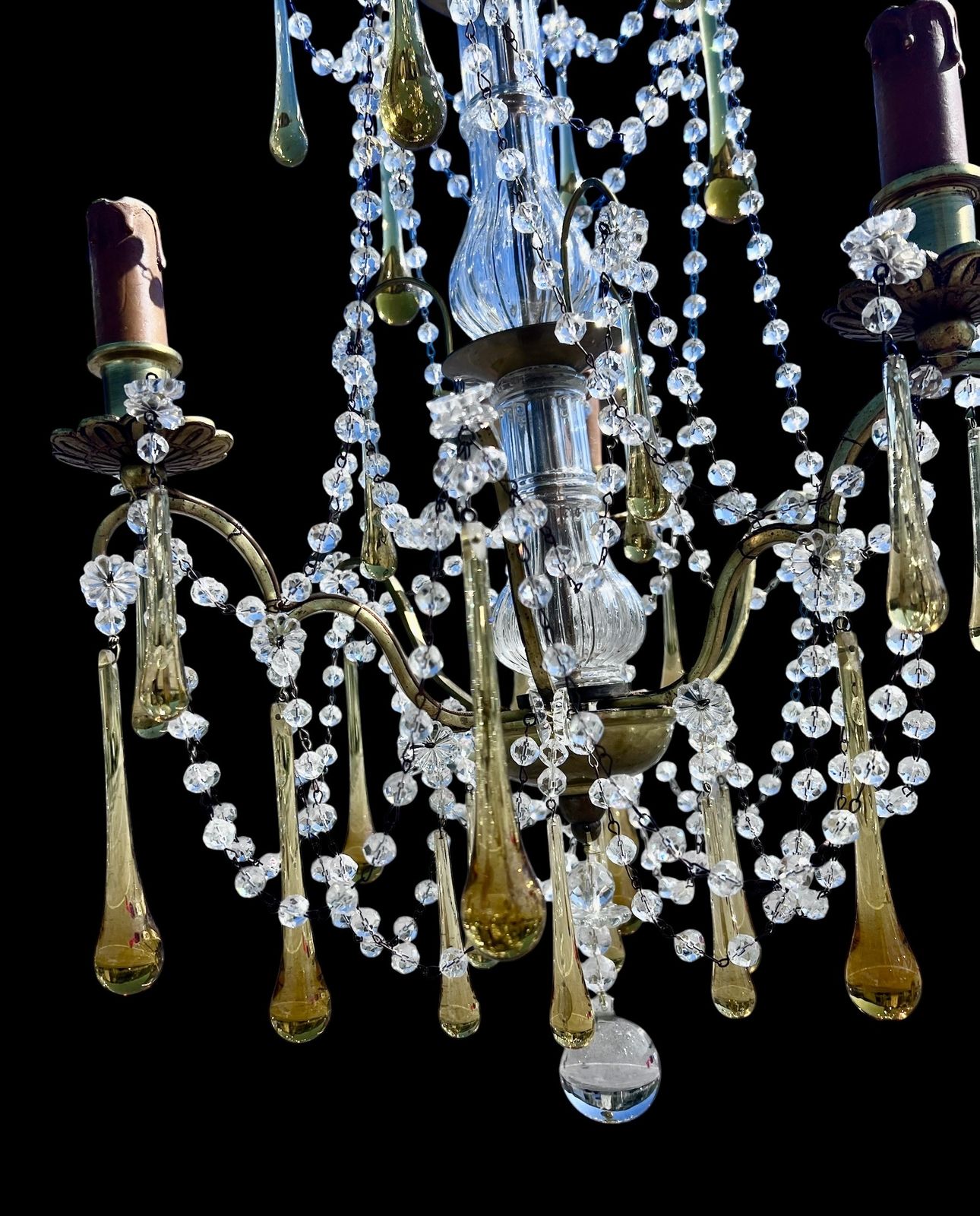 A Three Light Italian Antique Chandelier With Coloured Crystals photo Lighting