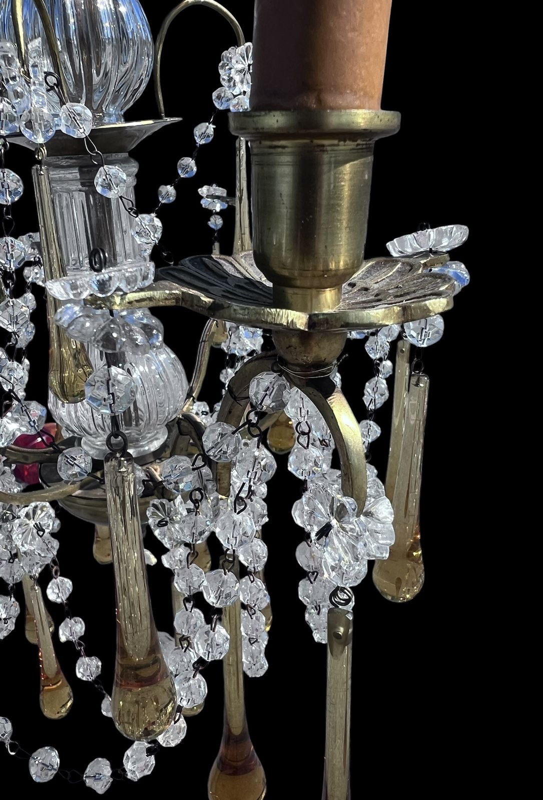 A Three Light Italian Antique Chandelier With Coloured Crystals photo vinterior