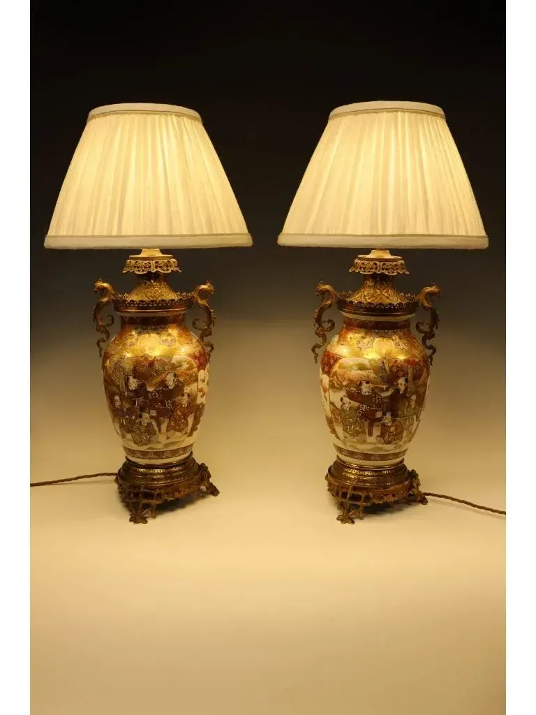 Pair Of Large 19th Century Japanese Satsuma Table Lamps – Grand Gilt Bronze Ormolu Mounts photo buy
