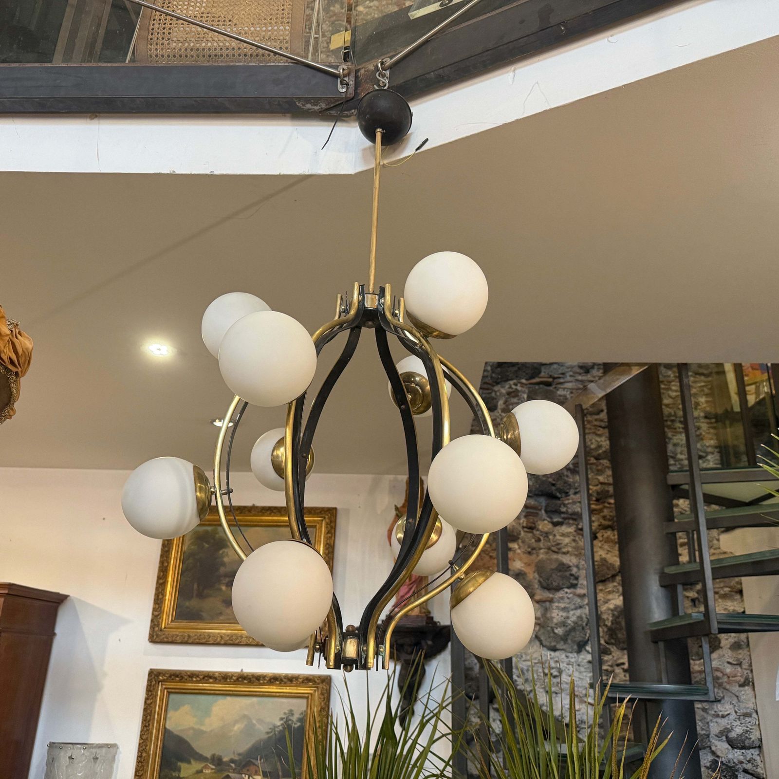 1950s Mid  Century Modern Brass And White Glass 12 Lights Chandelier By Stilnovo photo furniture