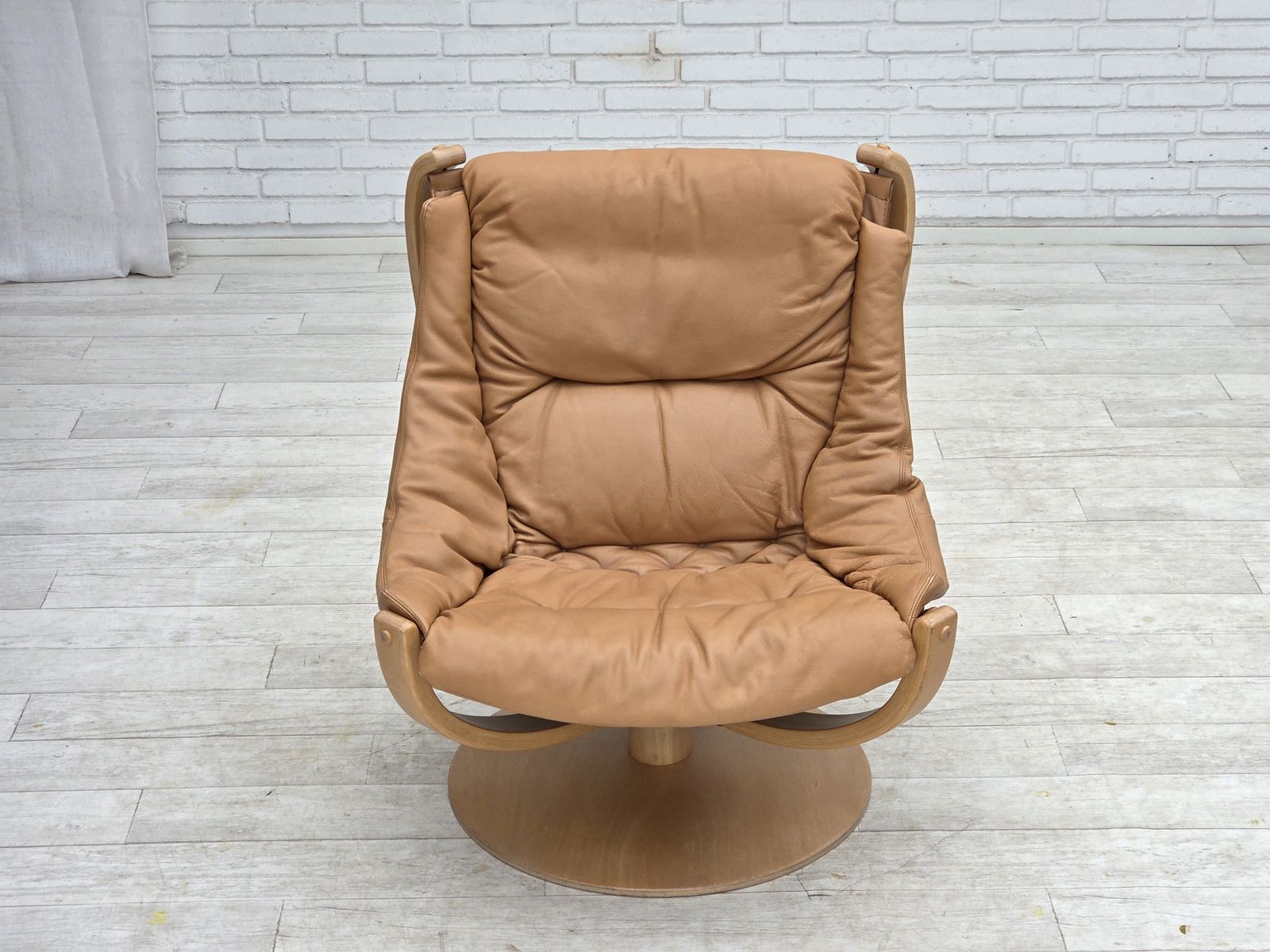 1980s, Scandinavian Swivel Armchair, Furniture Leather, Bent Wood. photo 1290.0