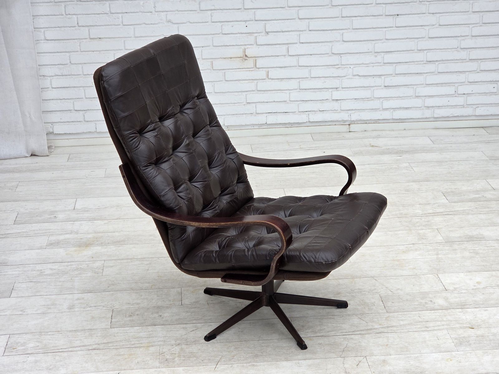 1970s, Scandinavian Swivel Armchair, Original Patchwork Furniture Leather. photo furniture