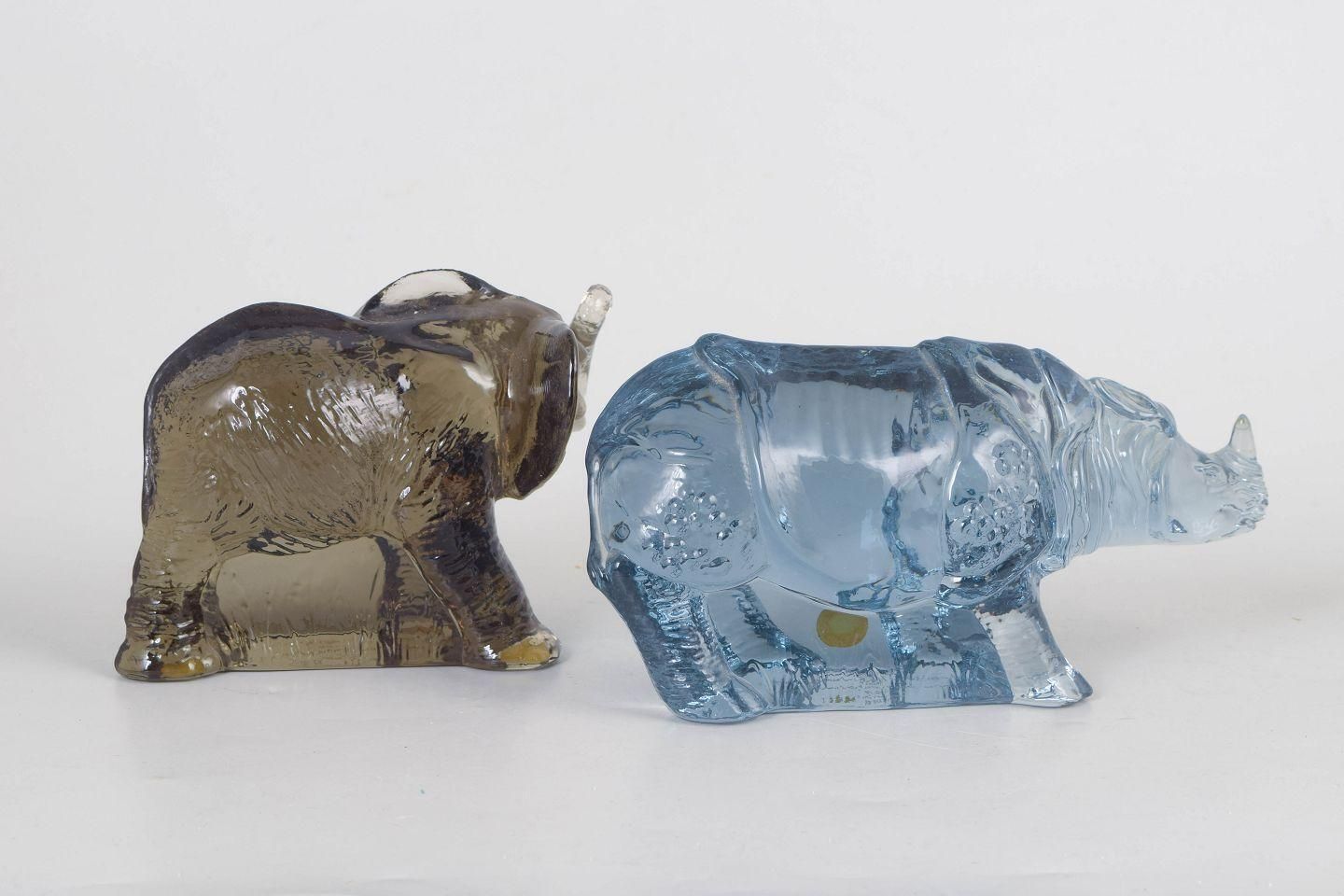 Paul Hoff For Reijmyre. Two Art Glass Figurines, Elephant And Rhinoceros. photo for sale