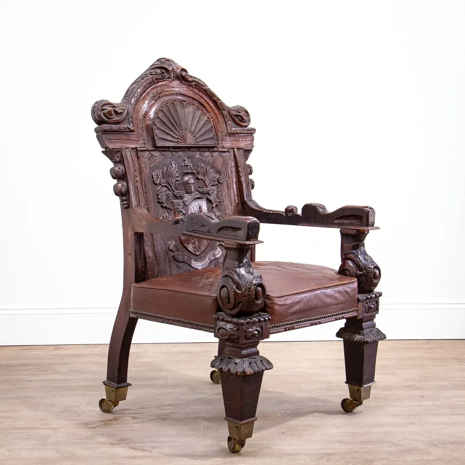 Carved Oak Throne Armchair With Leather Seat