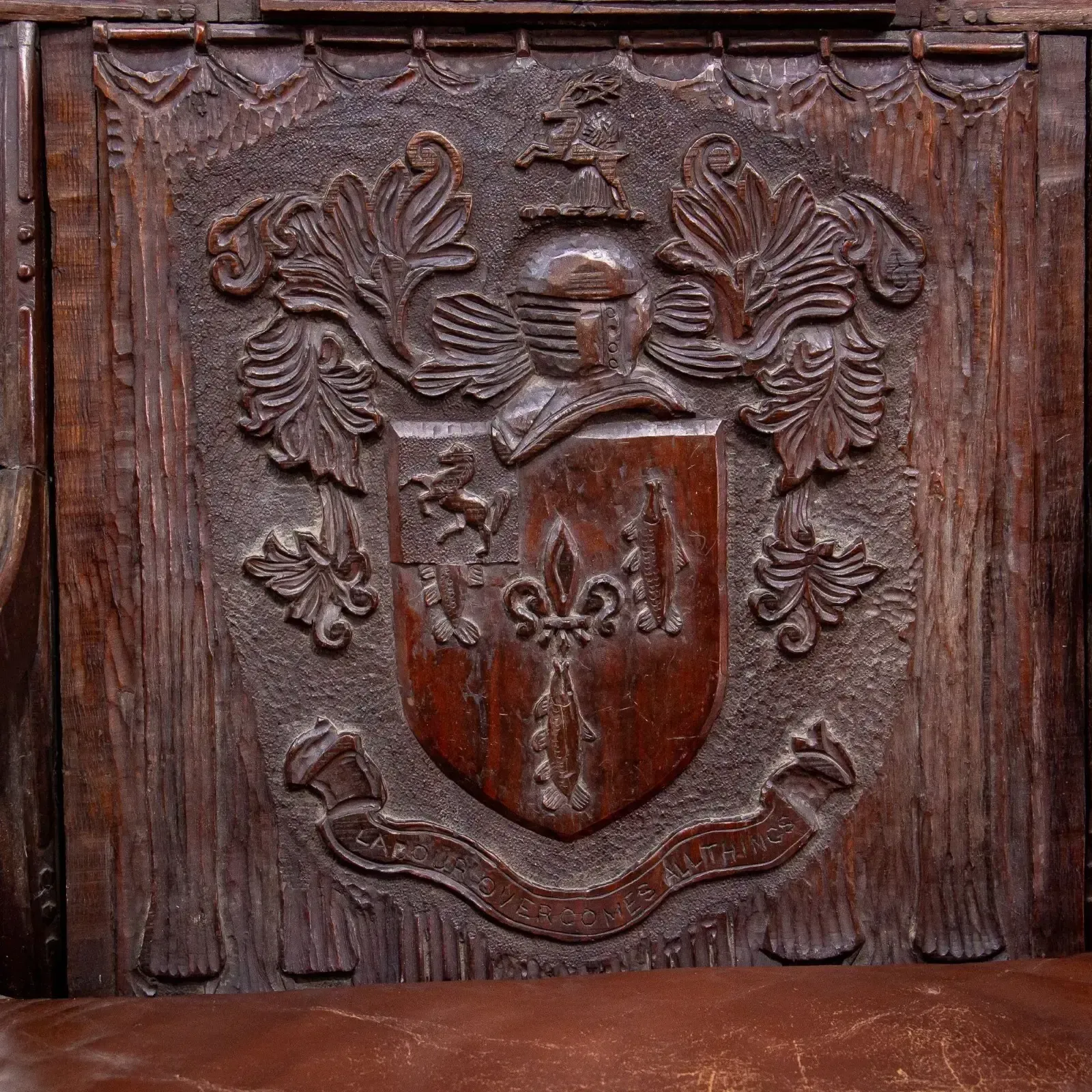 Carved Oak Throne Armchair With Leather Seat photo for sale