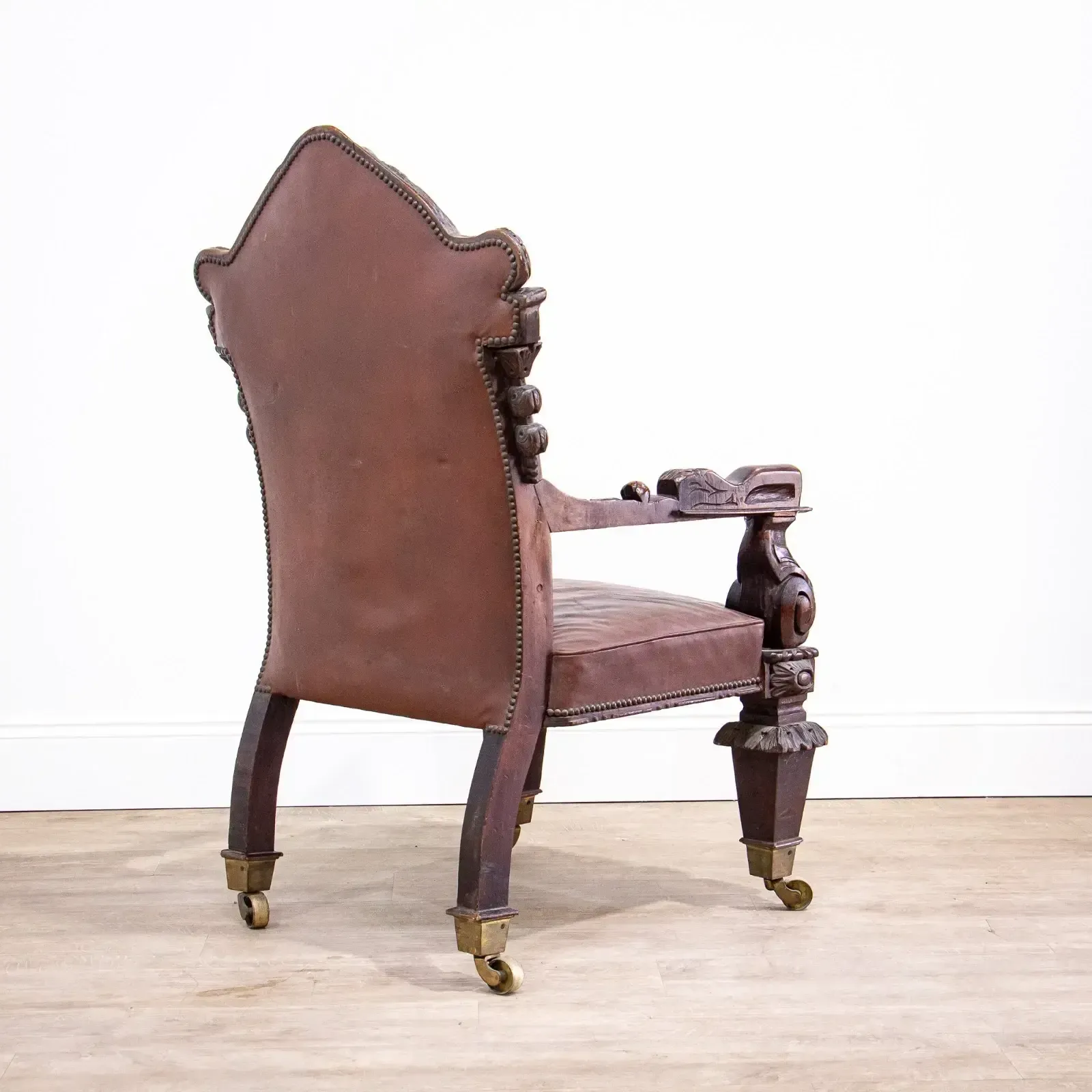 photo buy Carved Oak Throne Armchair With Leather Seat