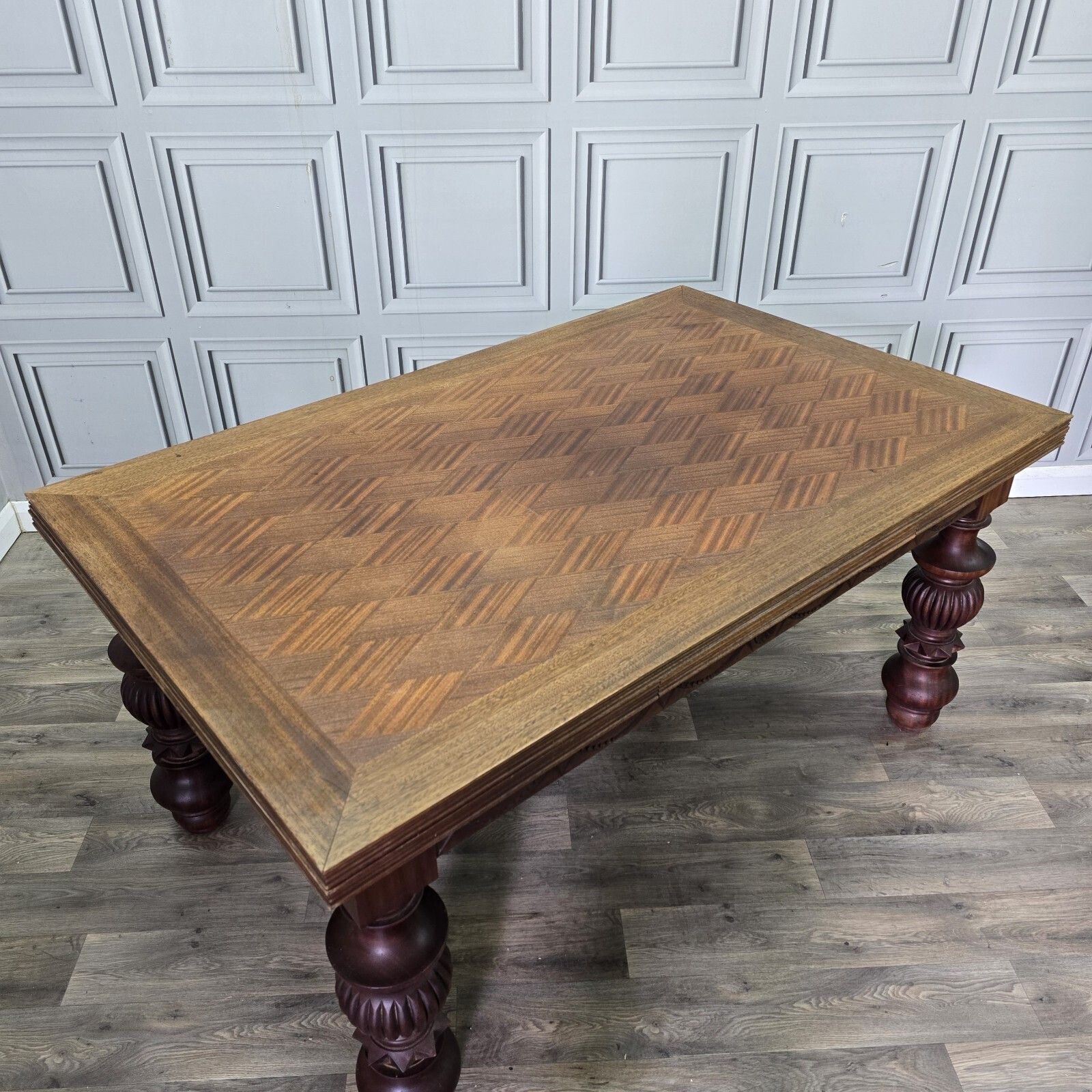 Antique Walnut Dining Table   Large Extending Parquetry Top   Solid Wood Carved photo for sale