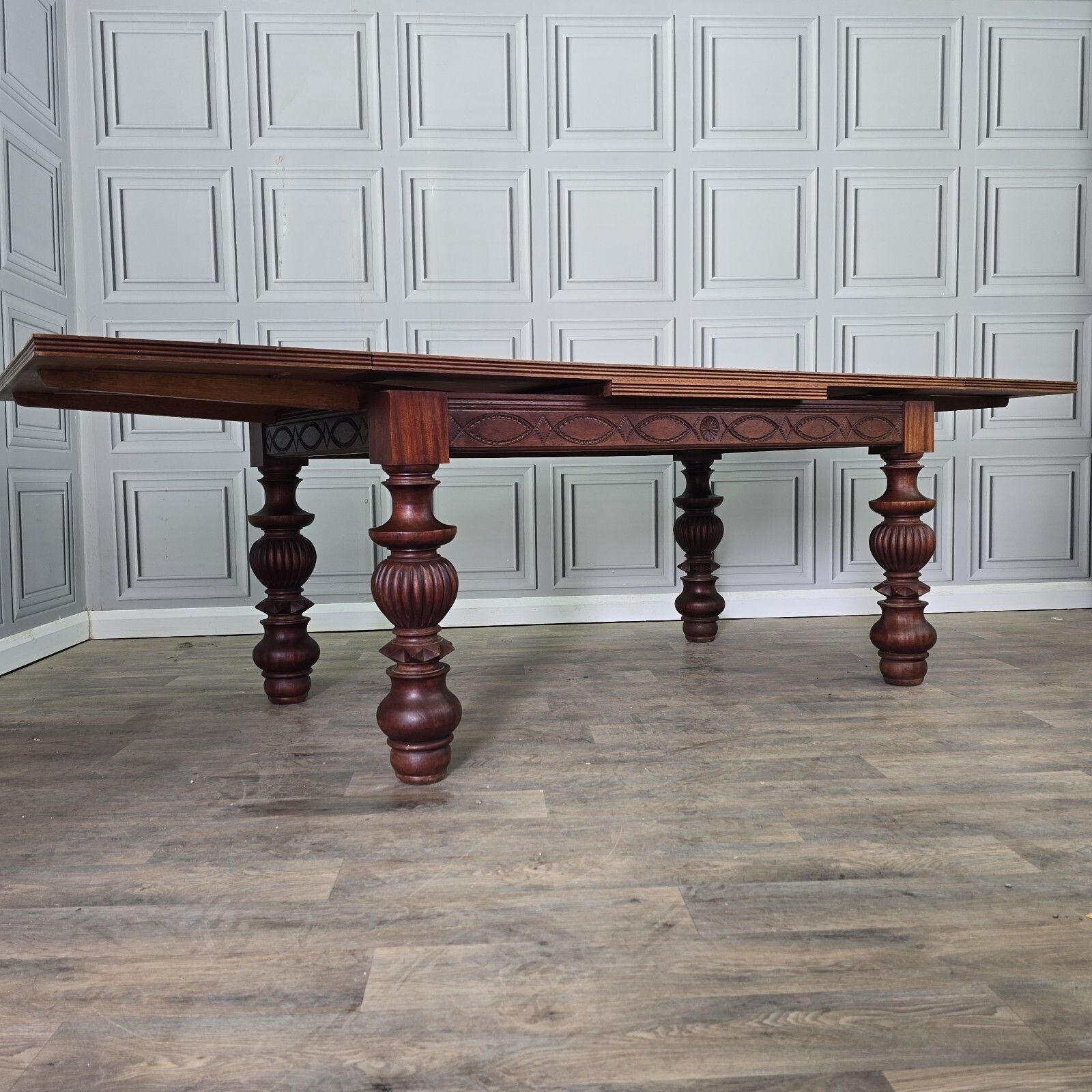 photo vintage Antique Walnut Dining Table   Large Extending Parquetry Top   Solid Wood Carved