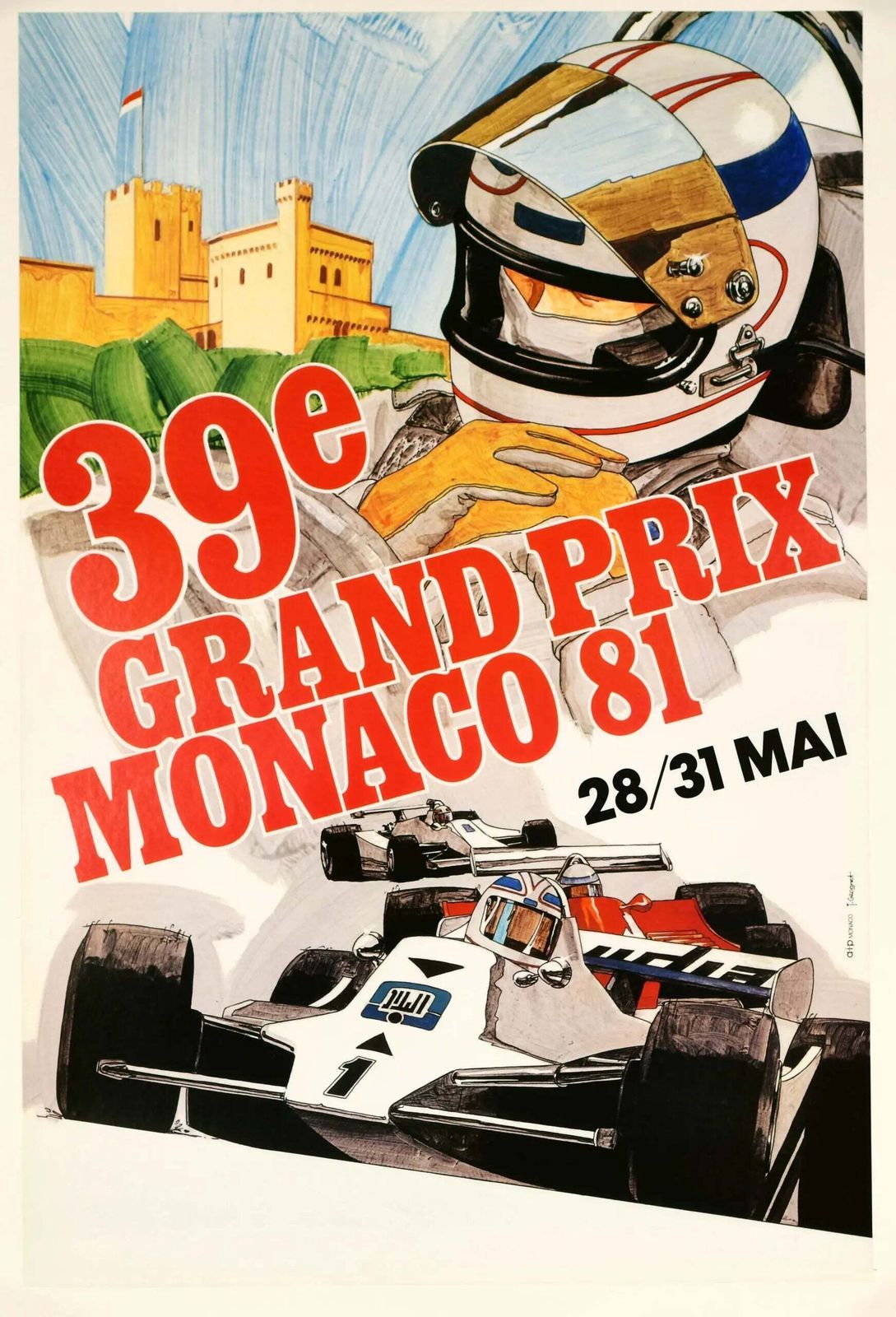 Affiche lithographique vintage Grand Prix de Monaco 1981, par Jacques Grognet