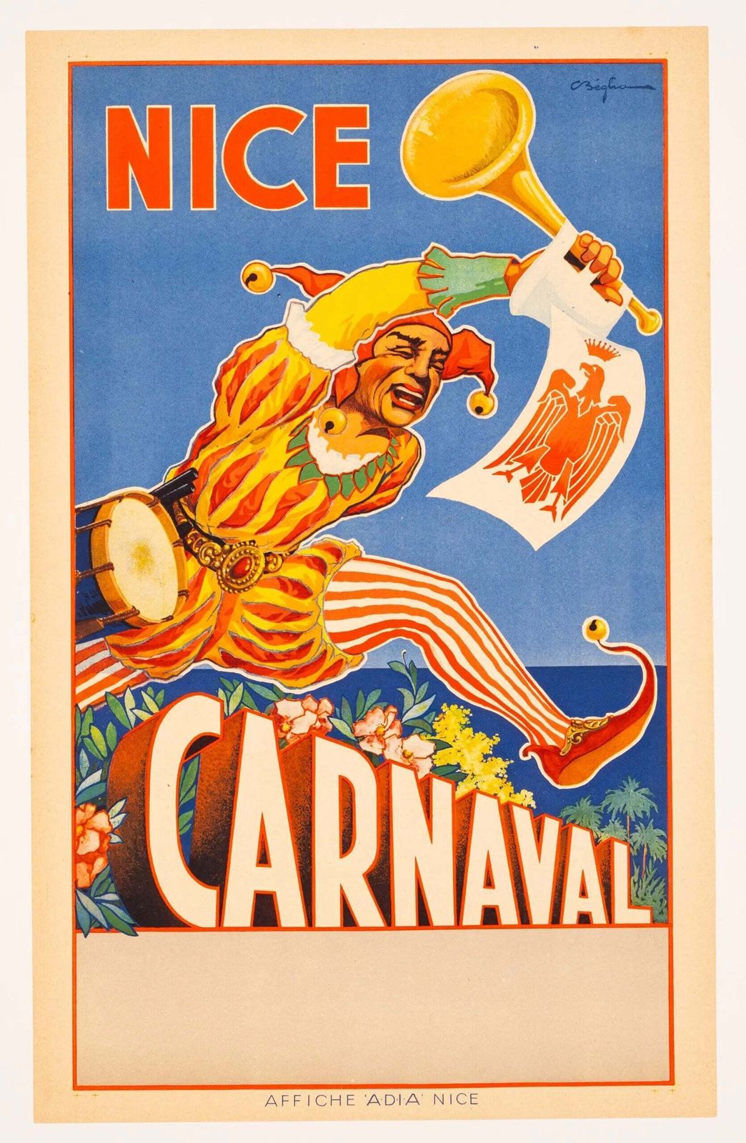 Affiche lithographique française Beglia 1954 Carnaval de Nice