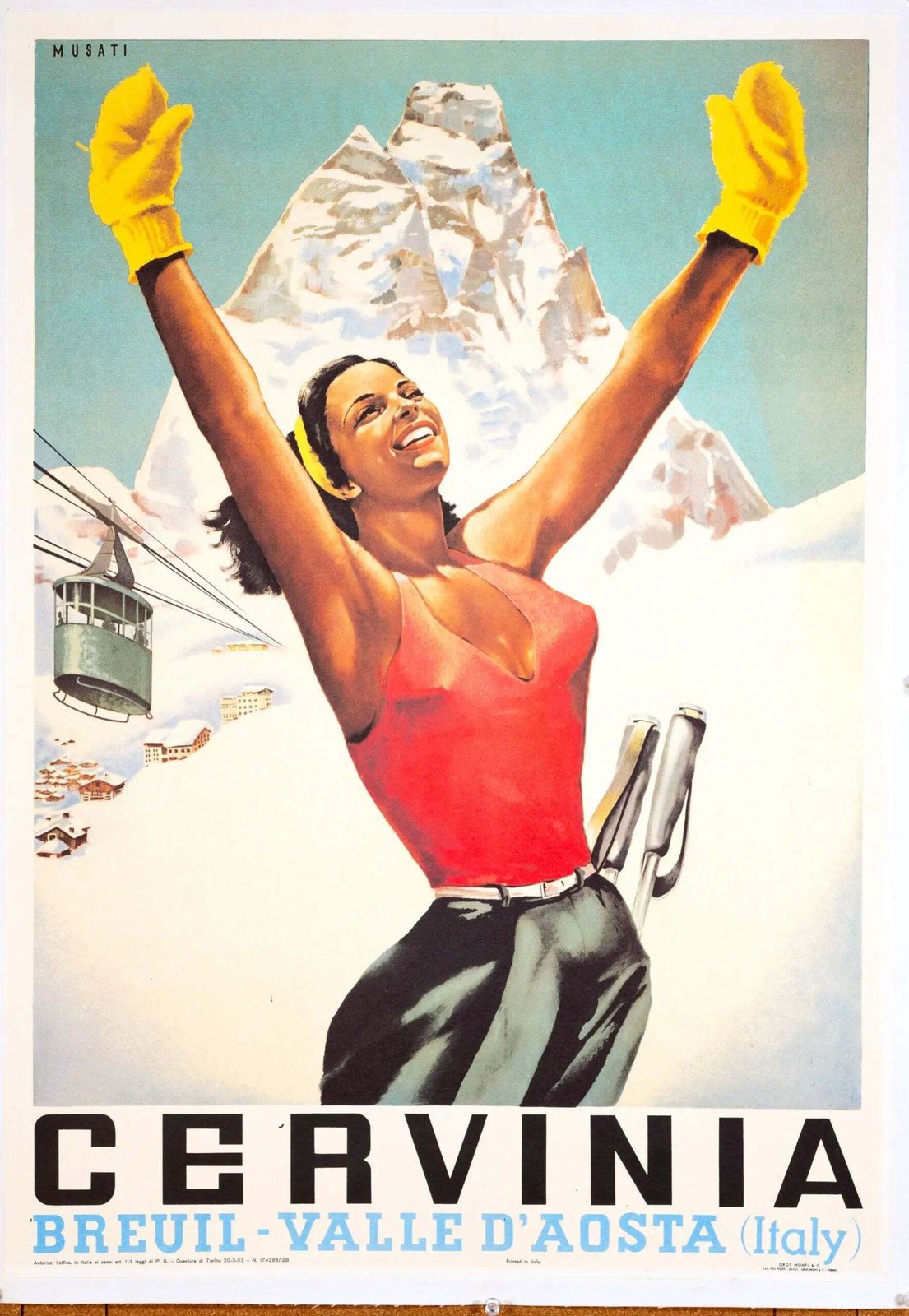 Affiche de ski vintage italienne Arnaldo Musati, Cervinia, Matterhorn, années 1970