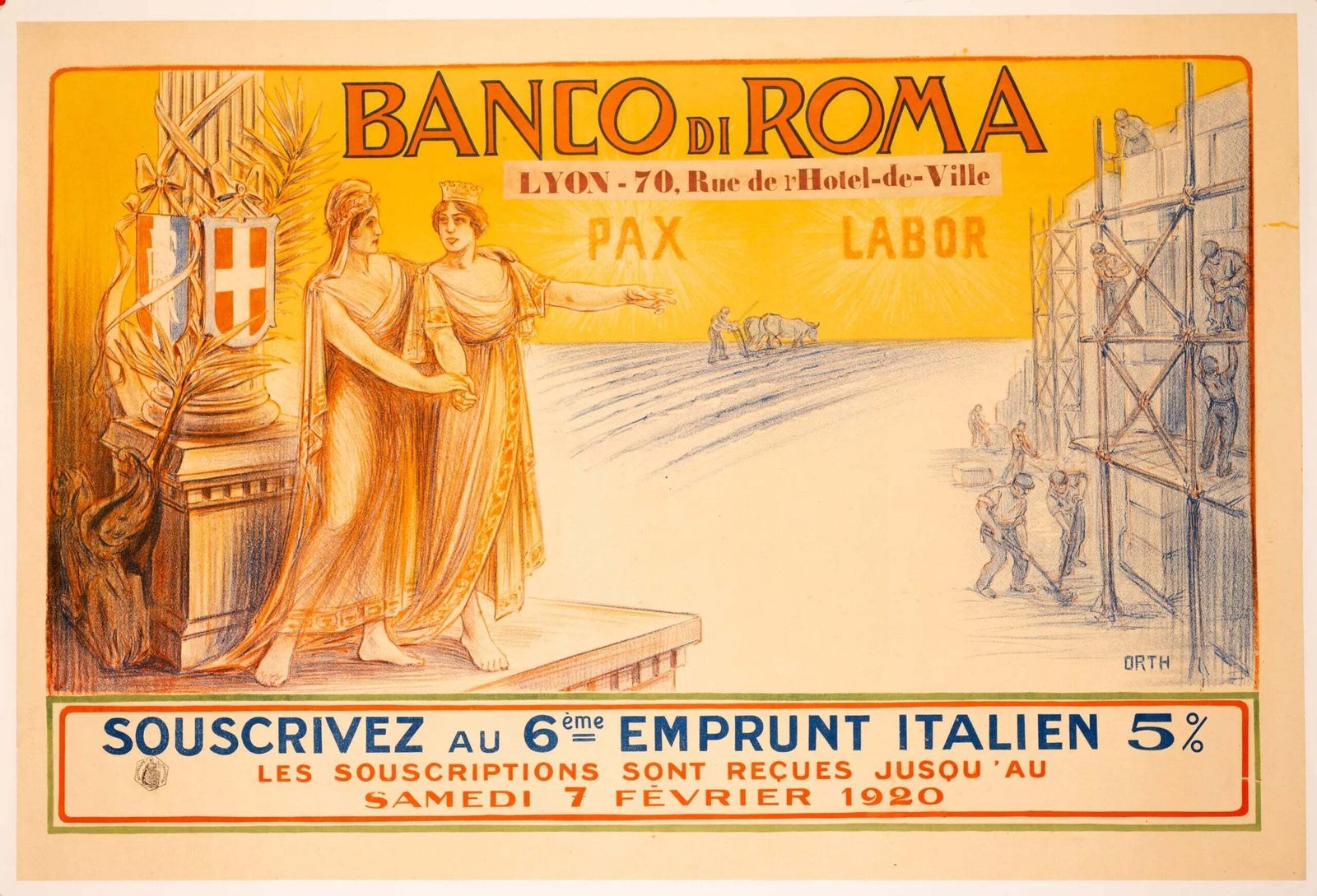 1920 Banco Di Roma Emprunt National Lithografie Poster door Orth