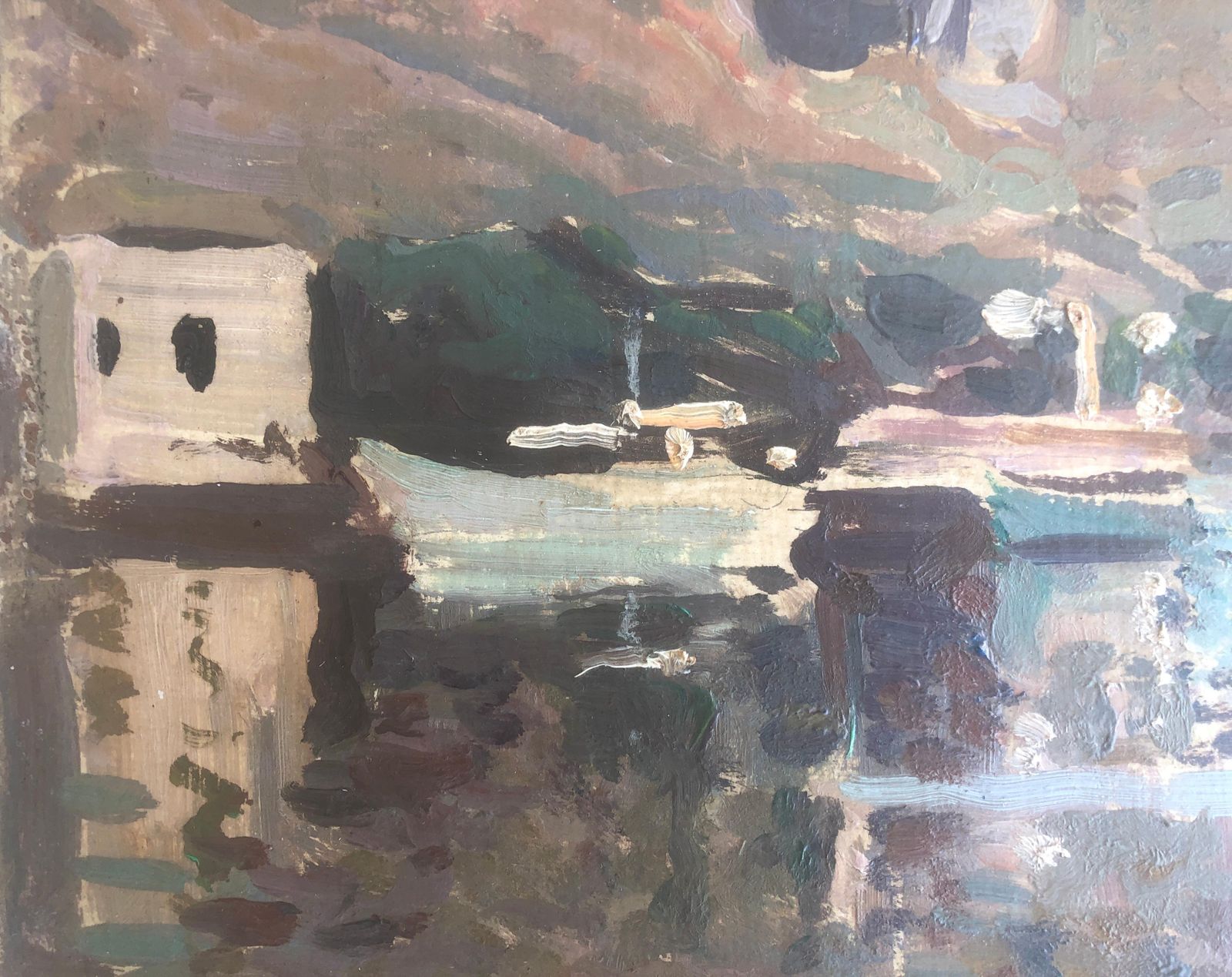 Josep Puigdengolas, port méditerranéen à Pollensa, Majorque, voiliers et reflets, huile, vers 1975 photo for sale