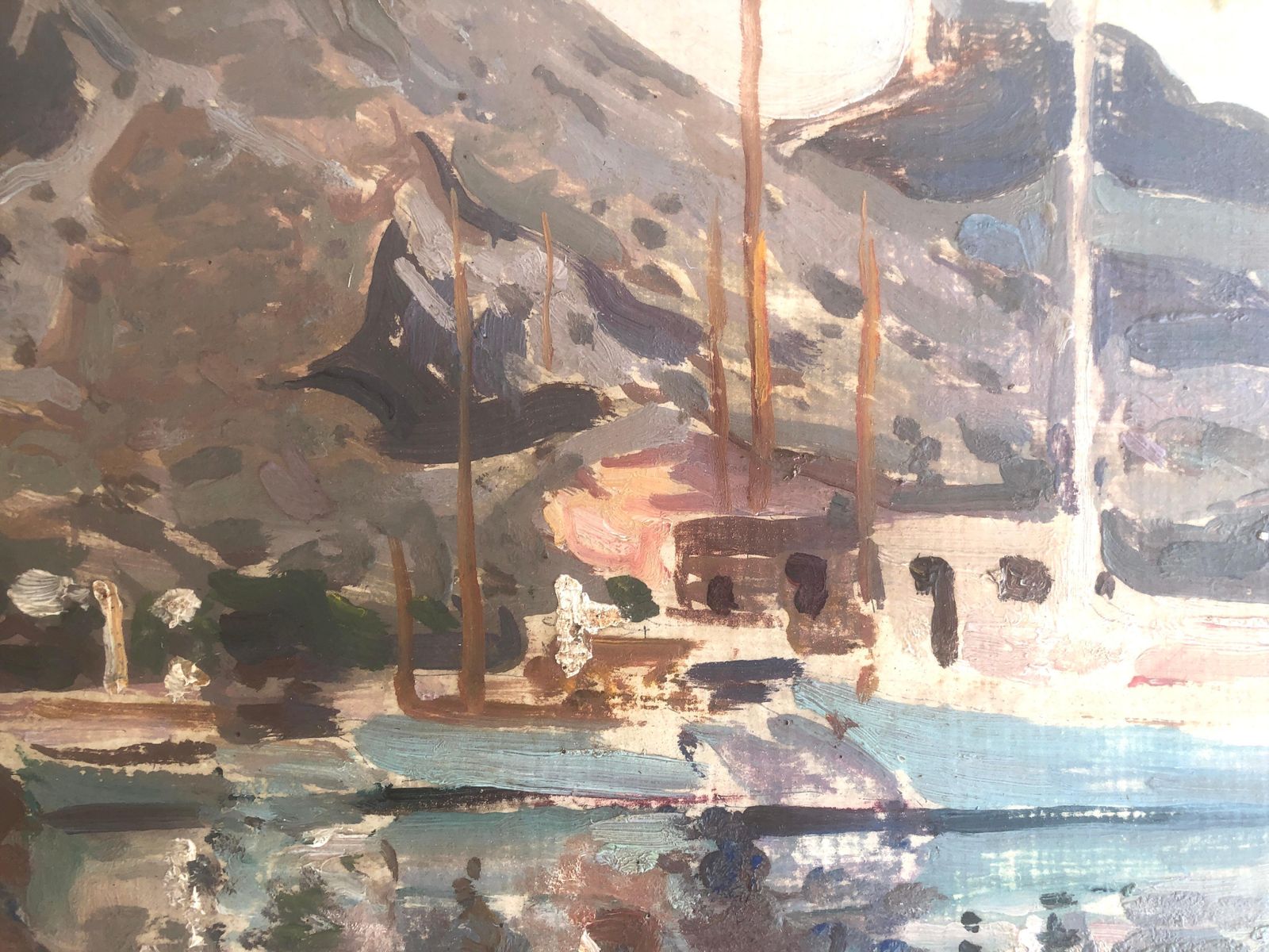 Josep Puigdengolas Mediterranean Harbor In Pollensa Mallorca With Sailboats And Reflections Oil C.1975 photo Art