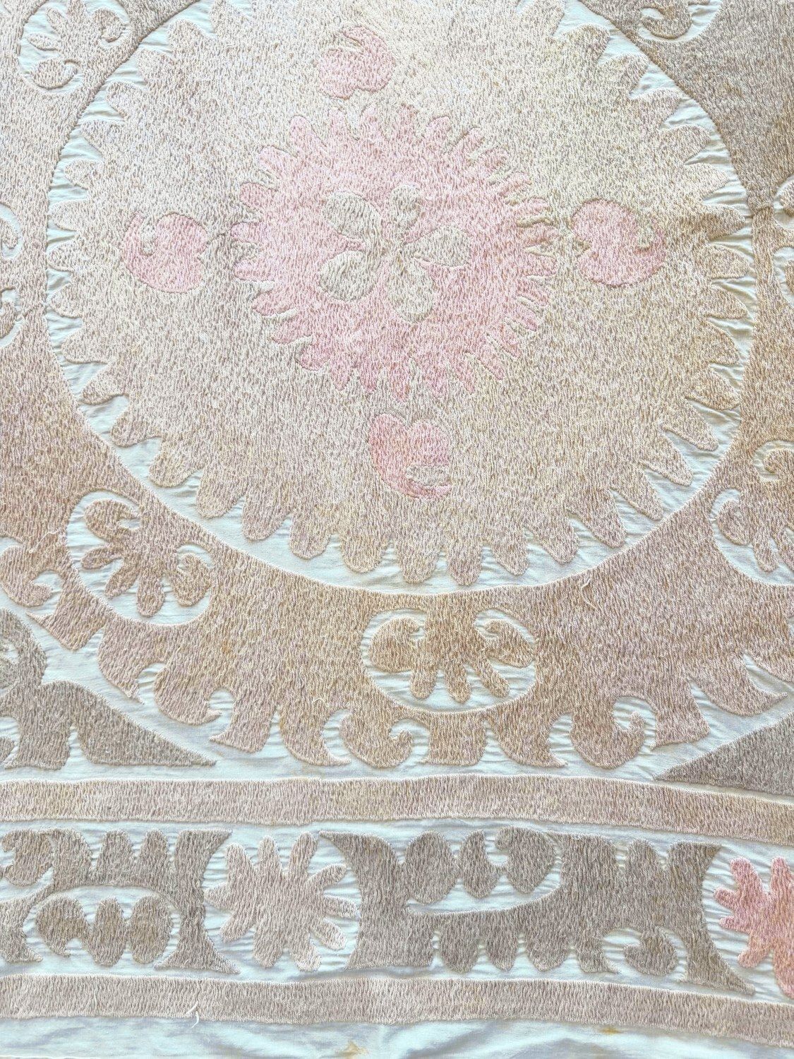 Suzani Wall Hanging Decor   Neutral Tan Uzbek Tablecloth, 123 X 132 Cm photo for sale