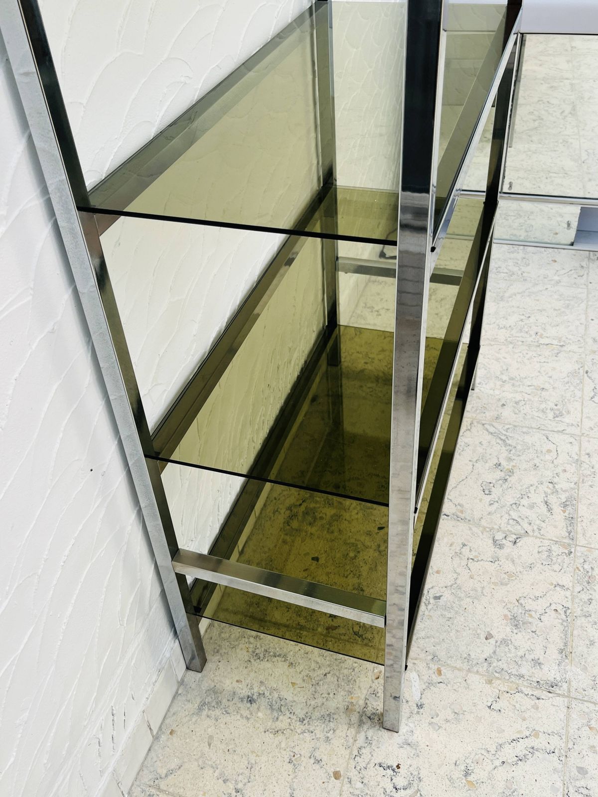 photo furniture Chrome And Smoked Glass Designer Shelf In Italian Style From The 1970s