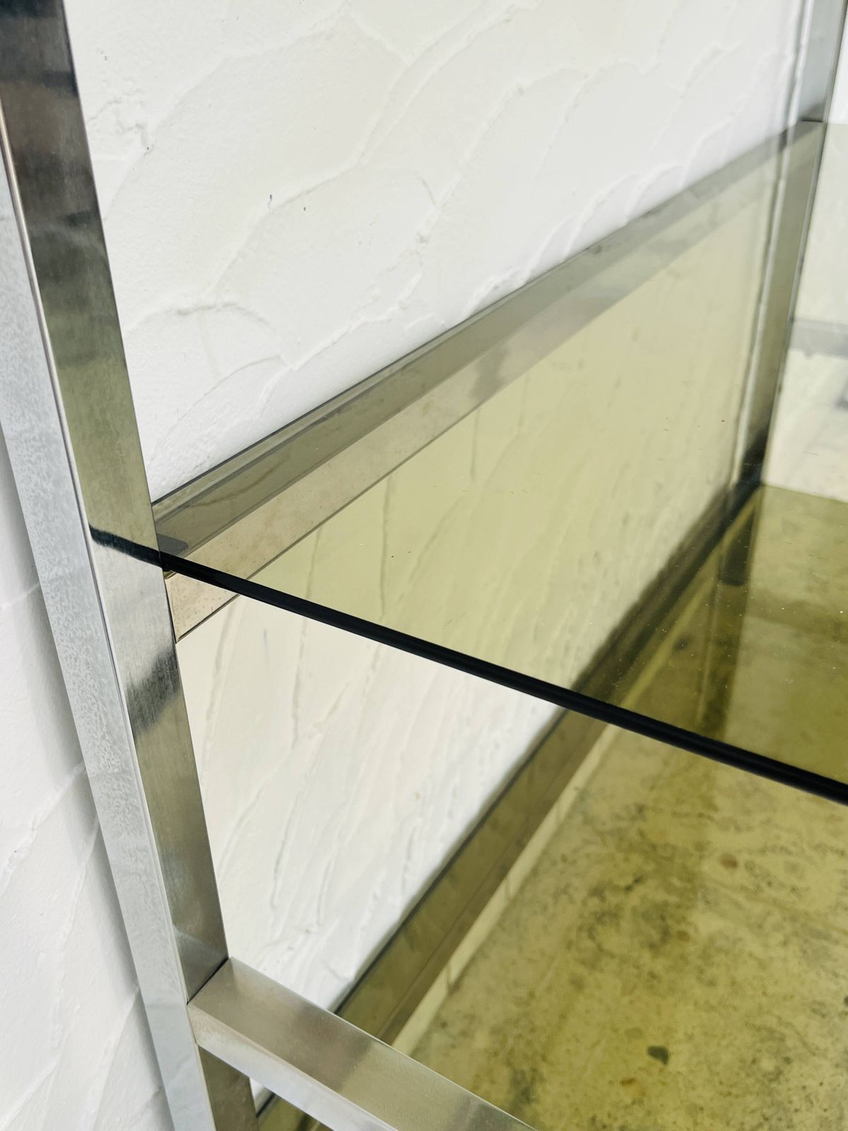 photo for sale Chrome And Smoked Glass Designer Shelf In Italian Style From The 1970s