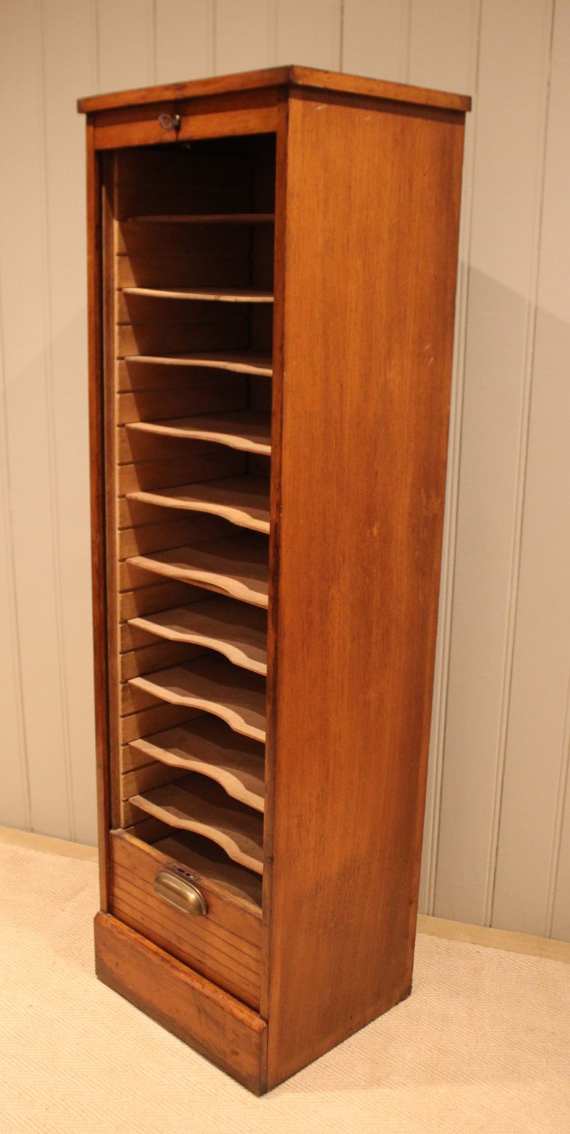 425.0 Single French Oak Tambour Front Filing Cabinet photo