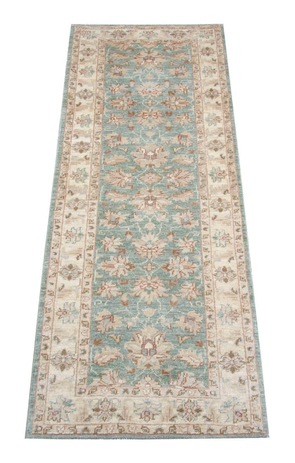 Chemin de couloir vintage crème et vert, tapis de couloir en laine beige Zeigler photo for sale