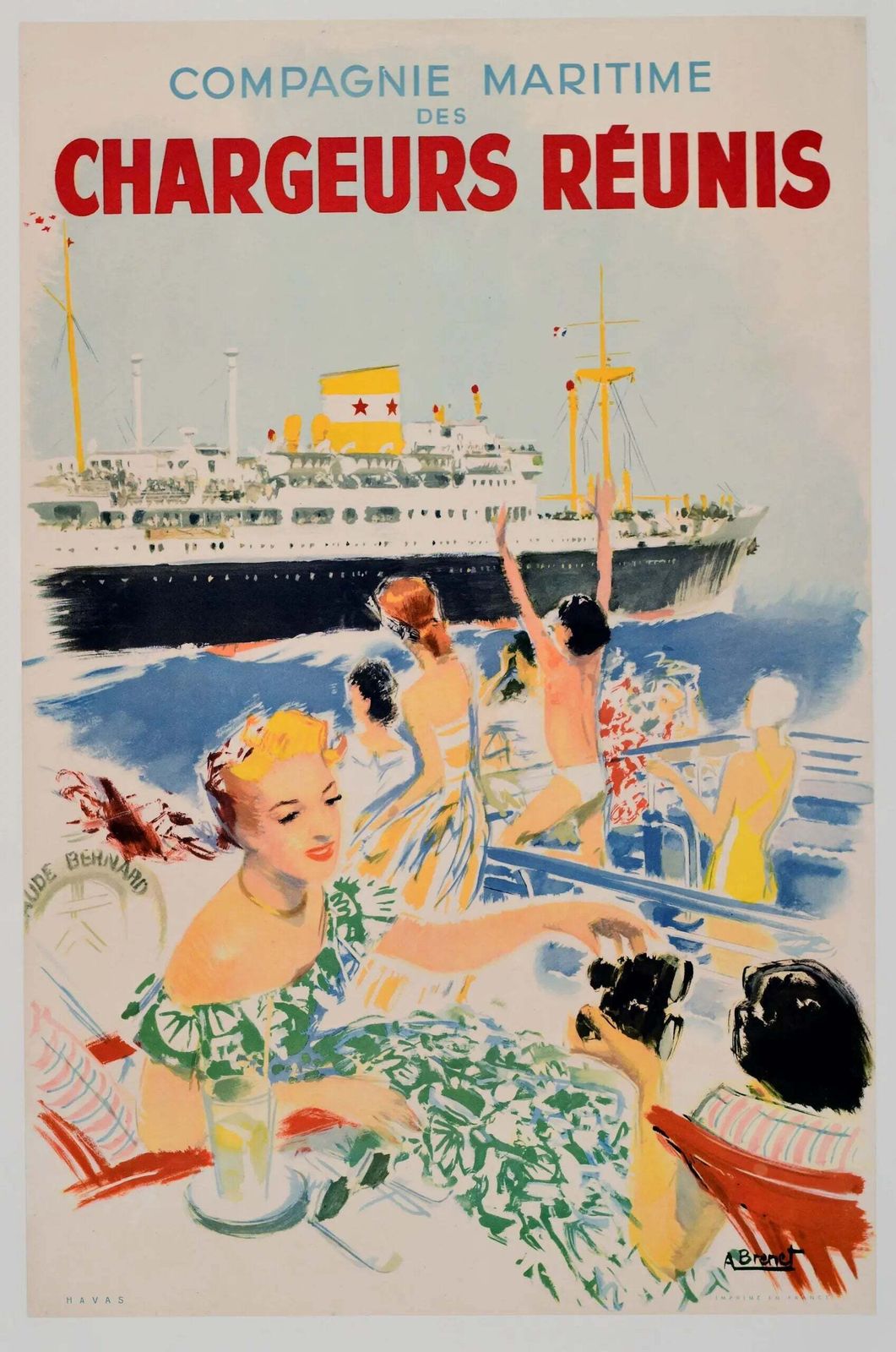Lithografische reisposter Chargeurs Reunis, Franse maritieme kunst, 1950