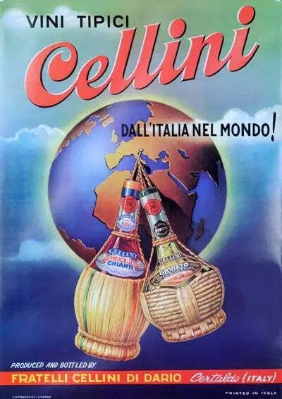 Vintage 1950 Vini Tipici Cellini Italiaanse wijnposter, lithografie
