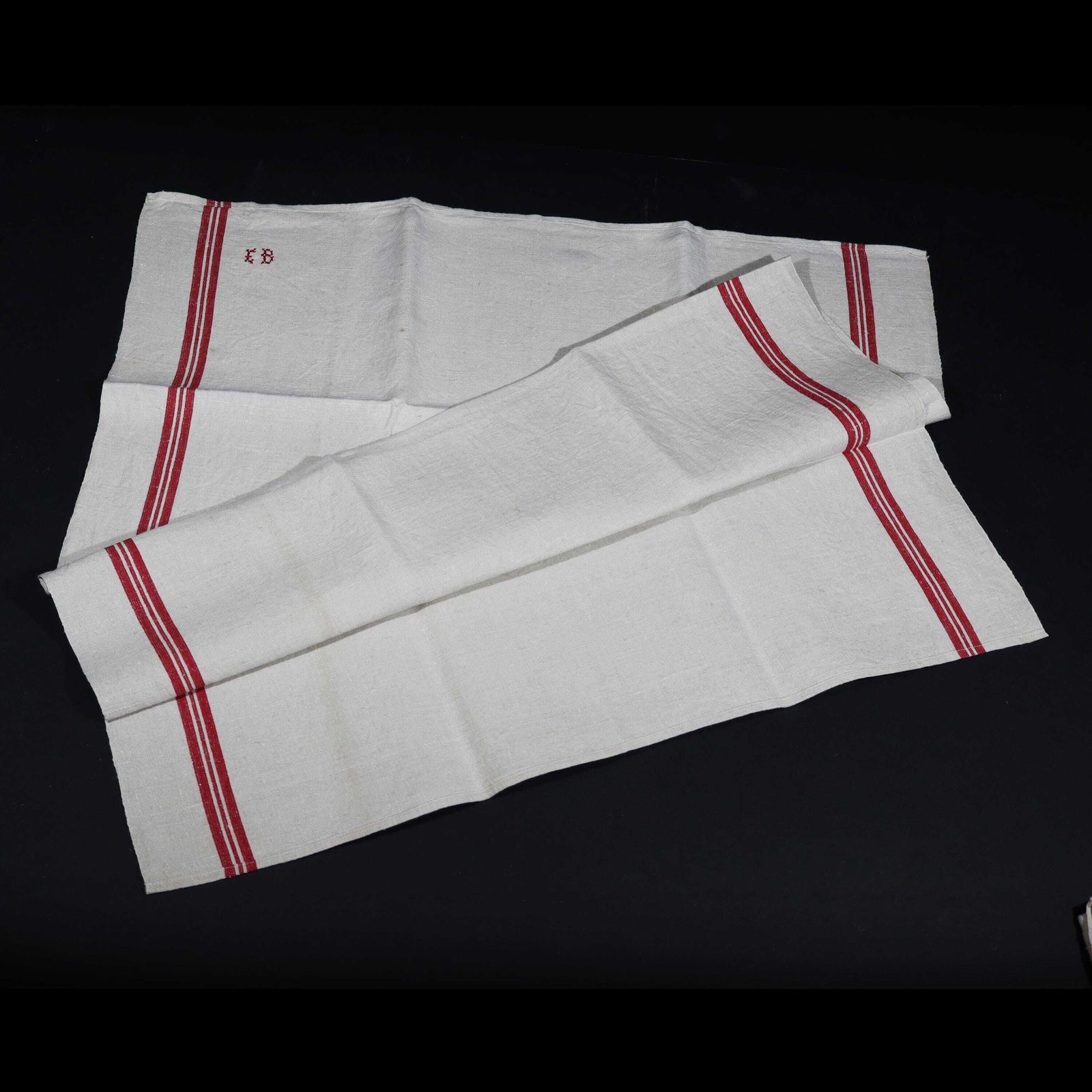 photo for sale Torchons de cuisine d'époque français à rayures rouges, lot de 2