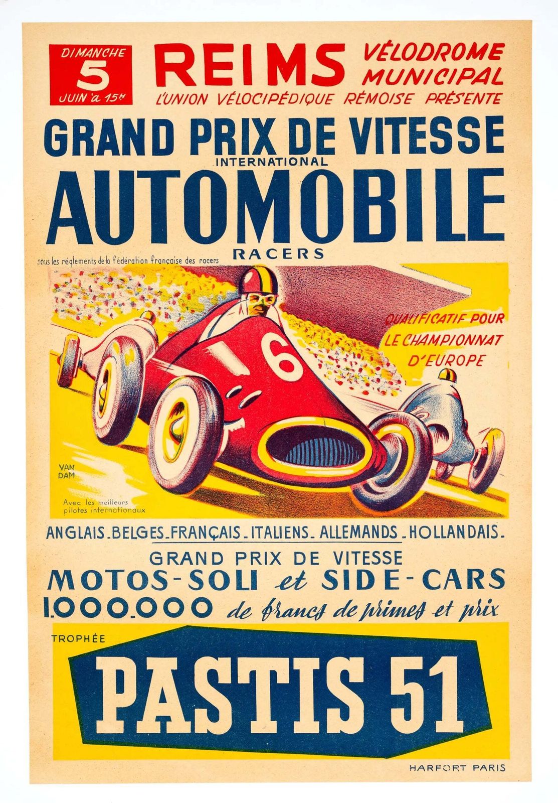 1950 Grand Prix De Reims Vintage Automobielraceposter