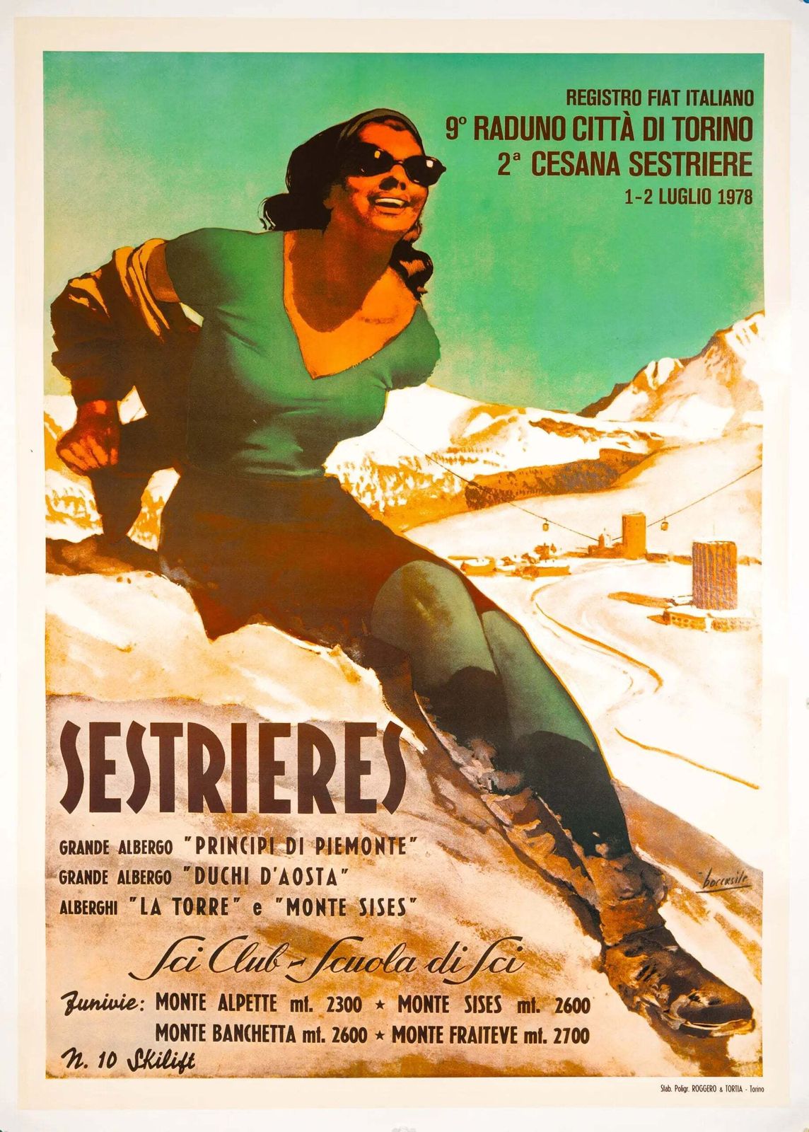 Affiche de ski vintage Sestrieres 1978, réédition par Gino Boccasile
