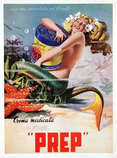 Erasmo Ferrante Prep Skin Cream Italiaanse Zeemeermin Vintage Poster, 1950