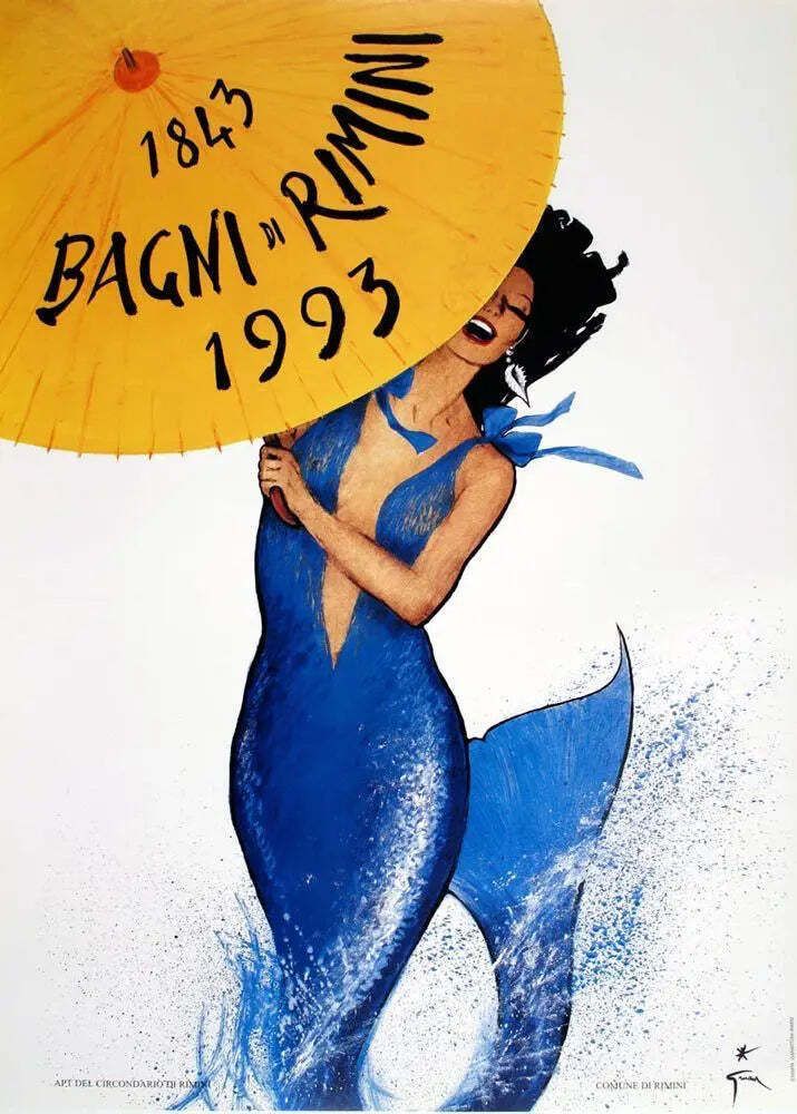 René Gruau Rimini Mermaid Vintage Italiaanse Reisposter 1993