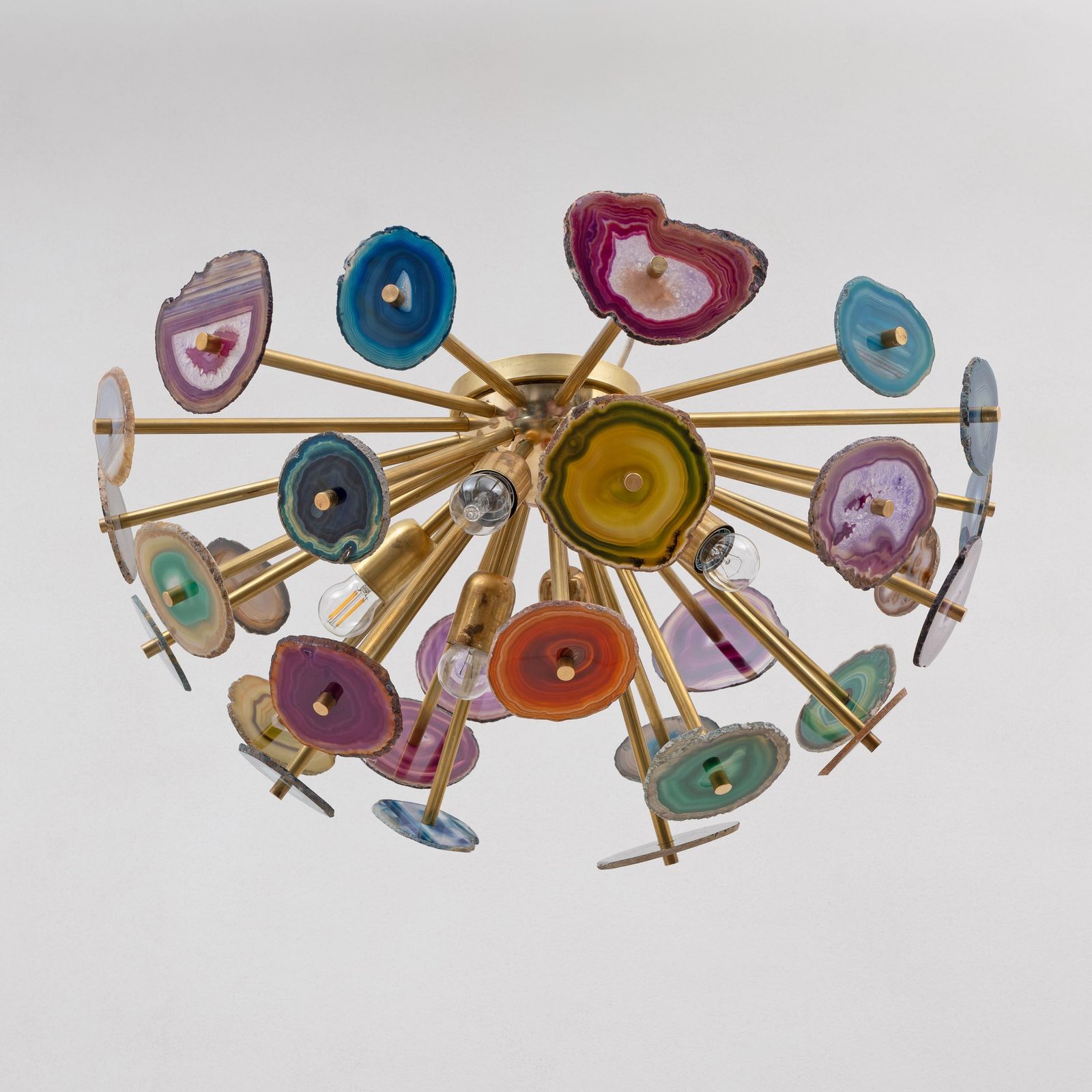 photo for sale Italian Designed "Sputnik" Ceiling Lamp With Agate Stone Sections And Brass