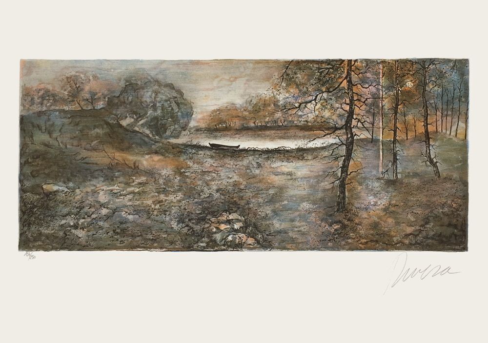 Lithographie signée Antonio Rivera, Paysage d'hiver, 1990