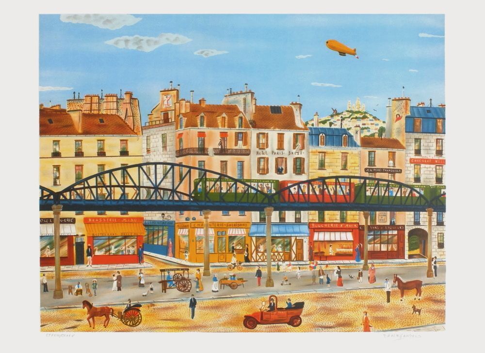 Lithographie signée Dan Gandre, Paris, Le Métro Aérien, 1985