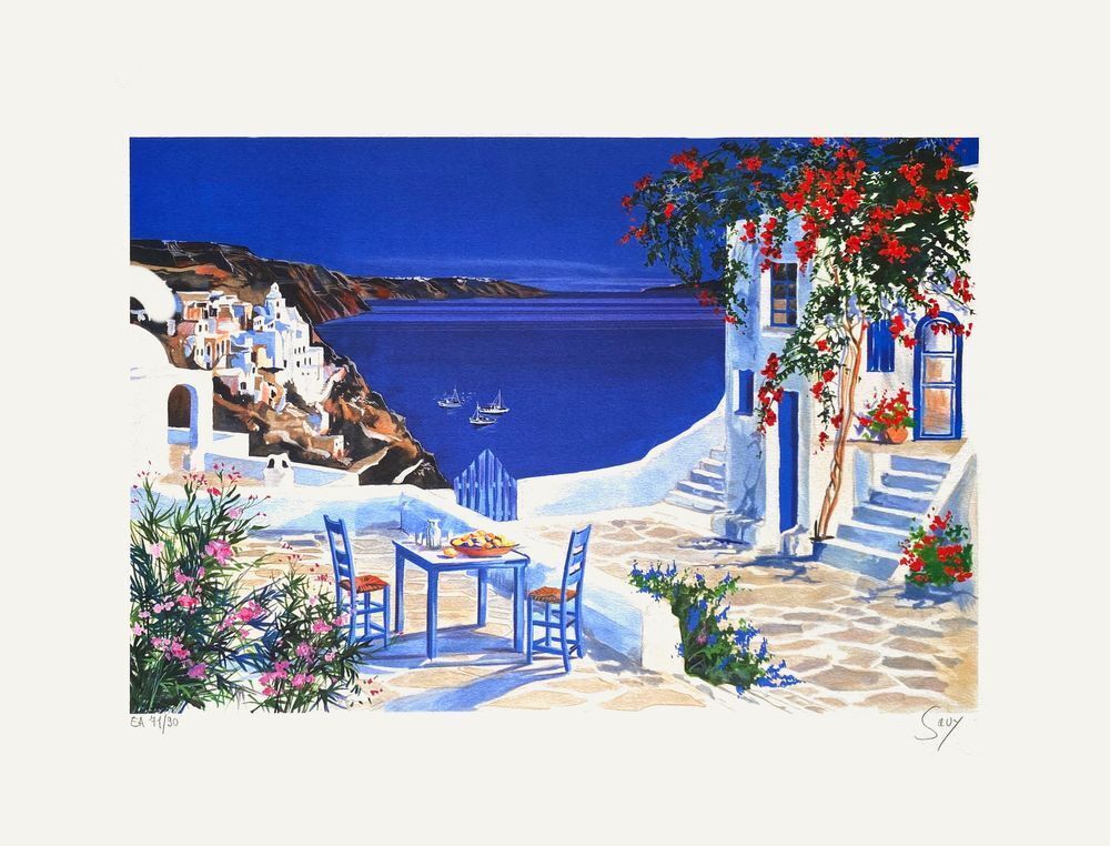 André Savy Alias Bongibault Gesigneerde Lithografie Grèce La Petite Table Sur La Terrasse à Mykonos 1995