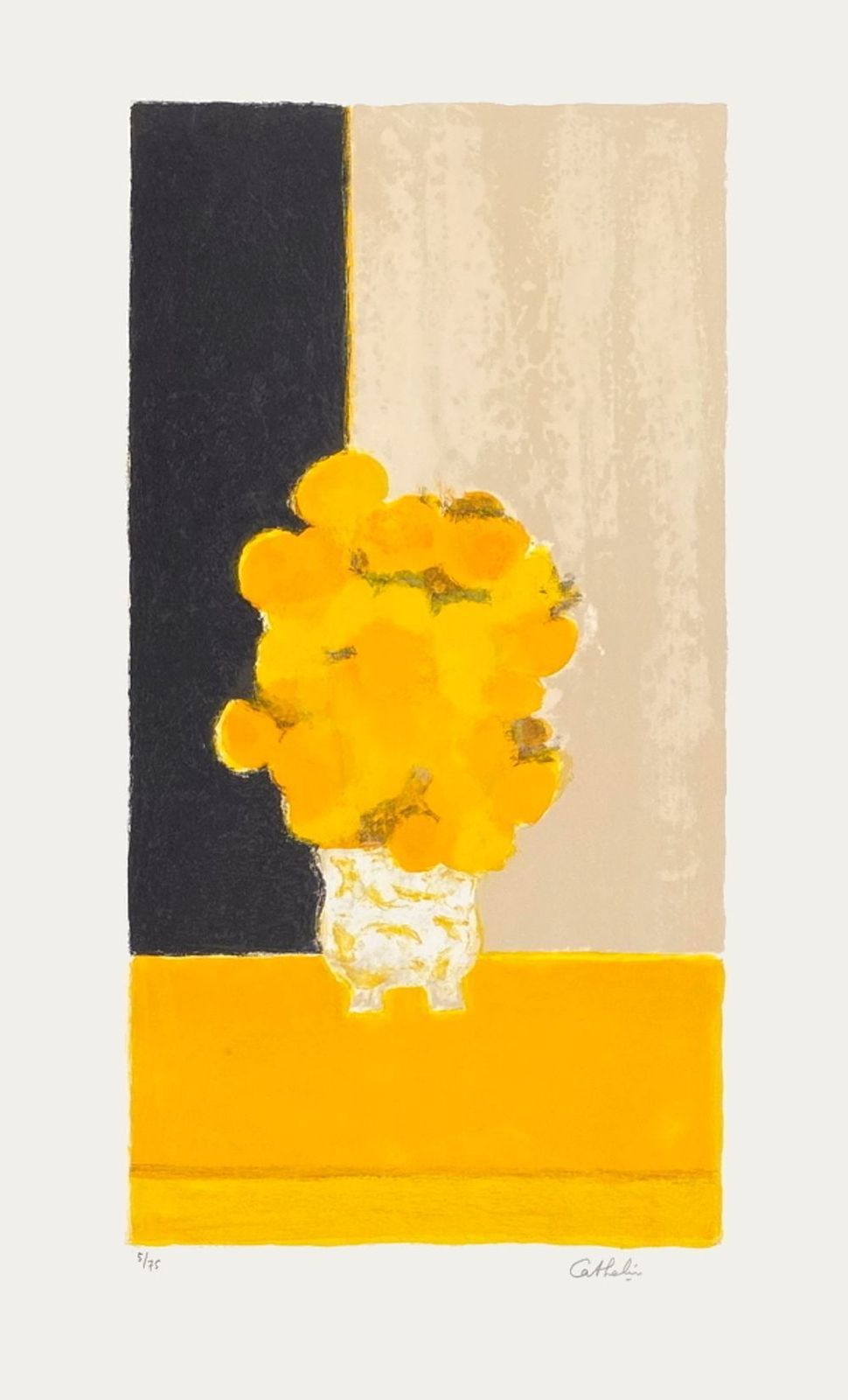 Bernard Cathelin, lithographie signée, Bouquet de roses d'Inde au vase de Chine, 1995
