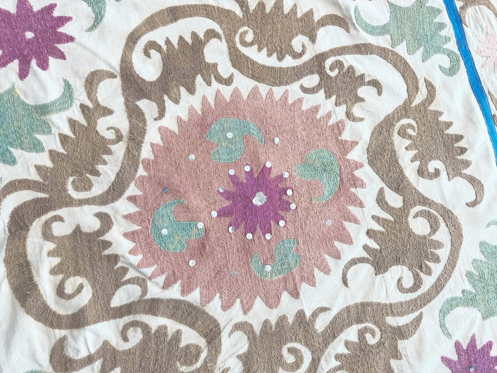 Hand Embroidered Neutral Tan Suzani Tapestry, 116 X 126 Cm photo 211.0